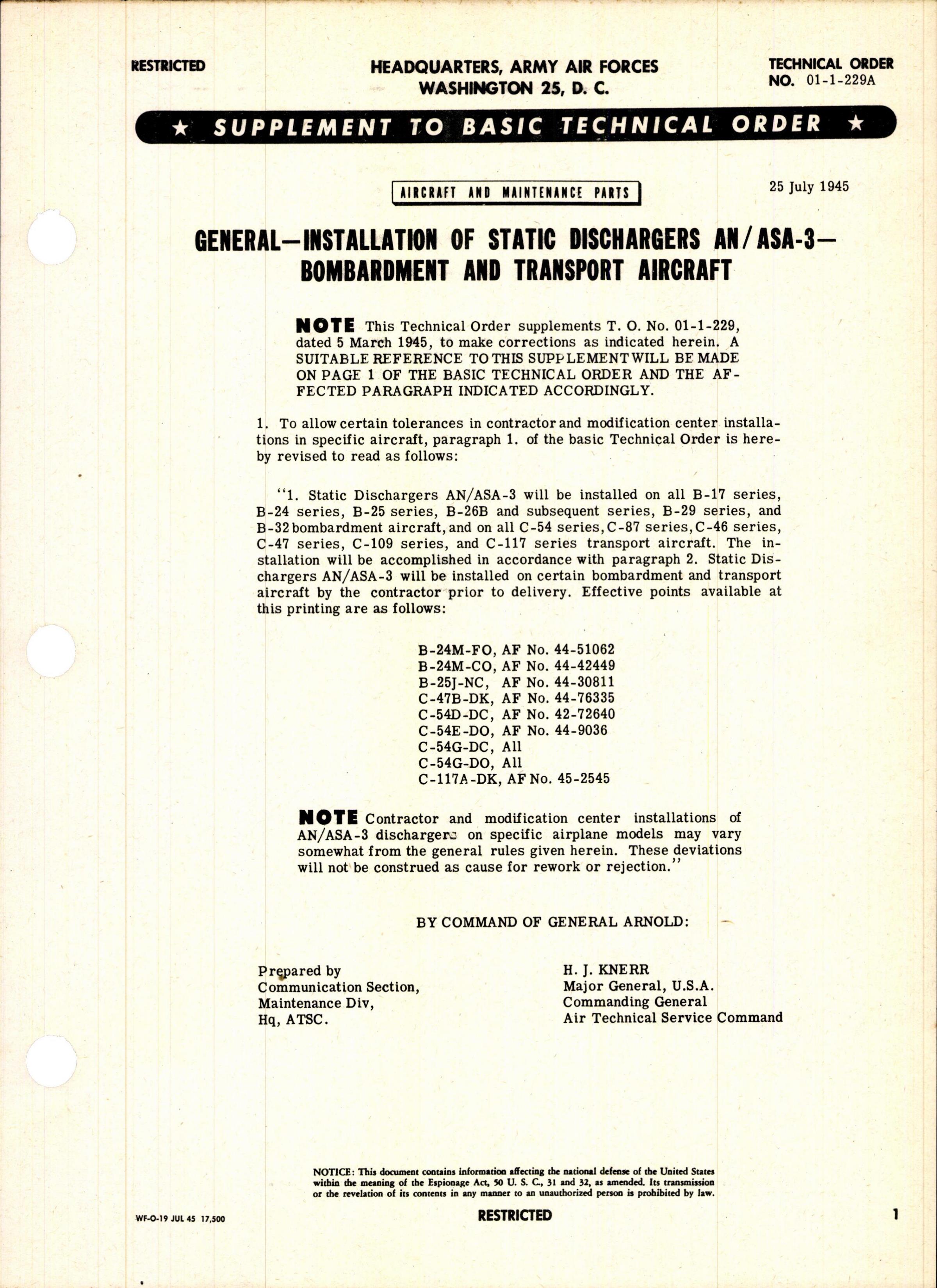 Sample page 1 from AirCorps Library document: Installation of Static Dischargers AN/ASA-3