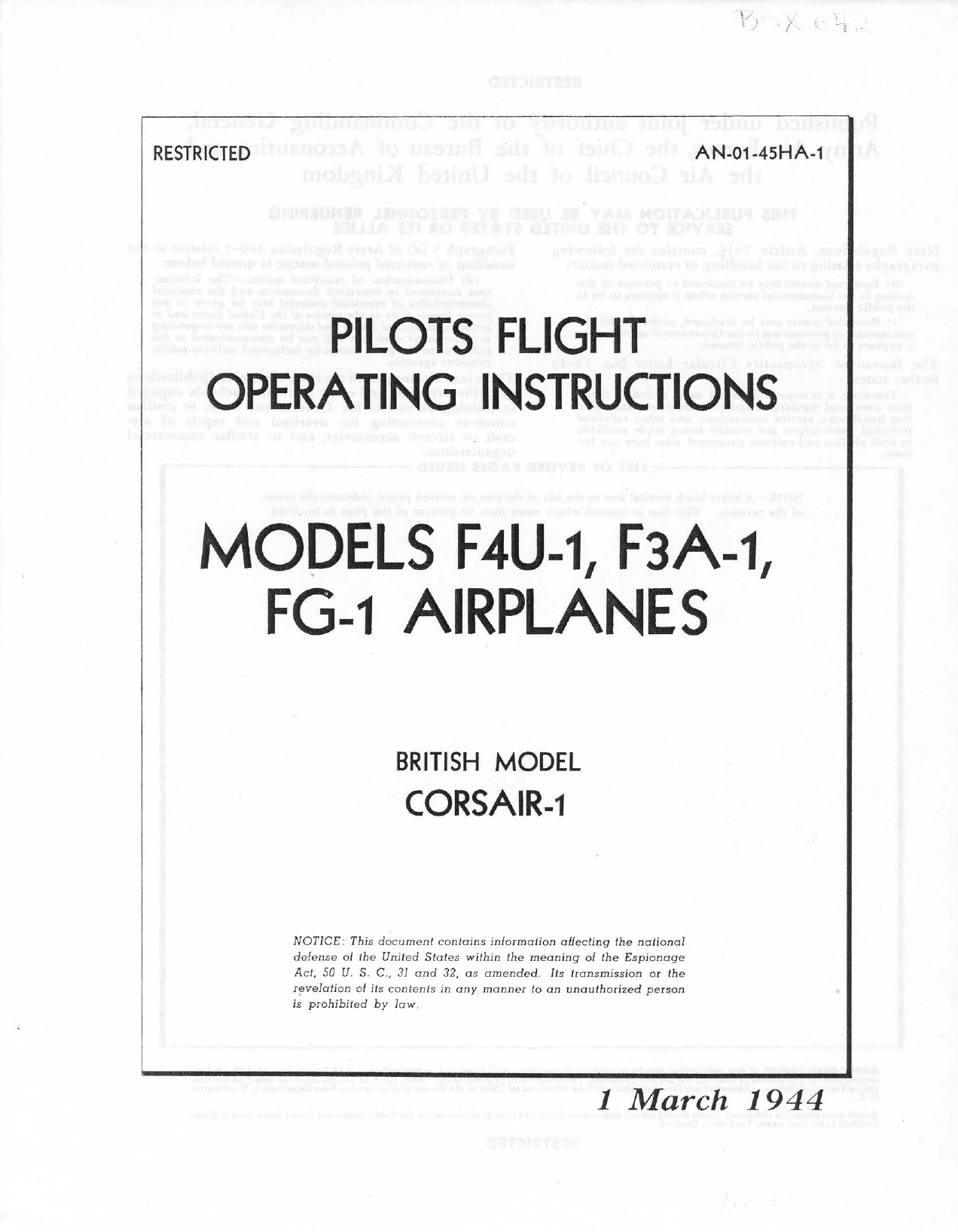 Sample page 1 from AirCorps Library document: Pilots Flight Operating Instructions for Corsair - Models F4U-1, F3A-1 and FG-1