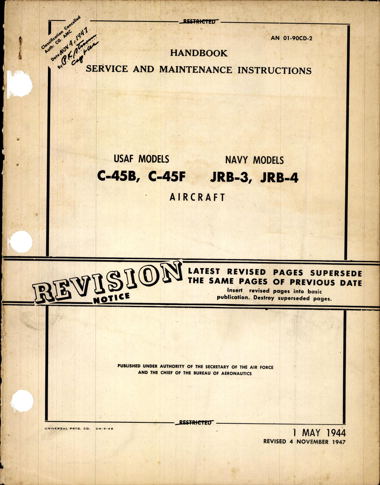 Sample page 1 from AirCorps Library document: Service and Maintenance Instructions for C-45B, C-45F, JRB-3 and JRB-4
