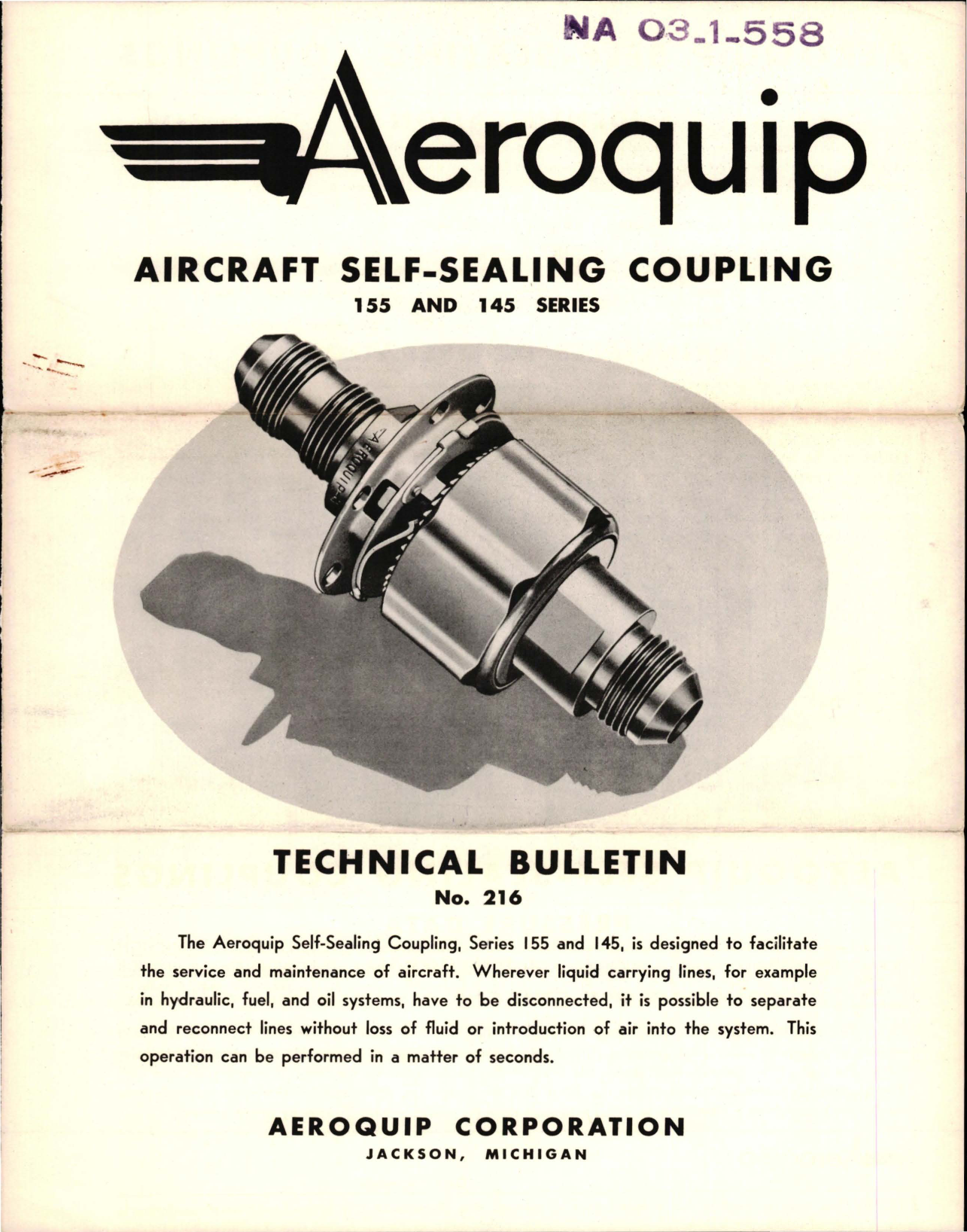 Sample page 1 from AirCorps Library document: Technical Bulletin No. 216 for Self Sealing Coupling - 155 and 145 Series