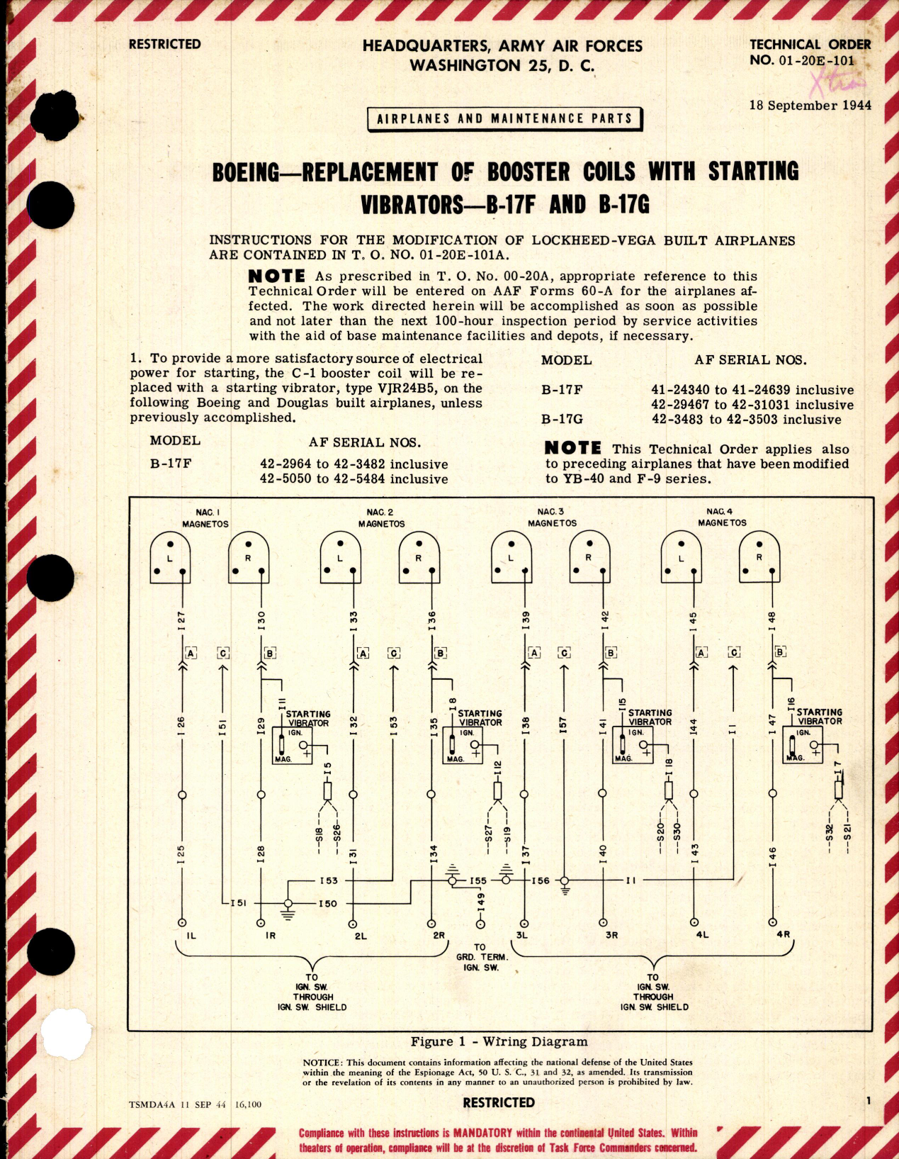 Sample page 1 from AirCorps Library document: Replacement of Booster Coils with Starting Vibrators for B-17F and G