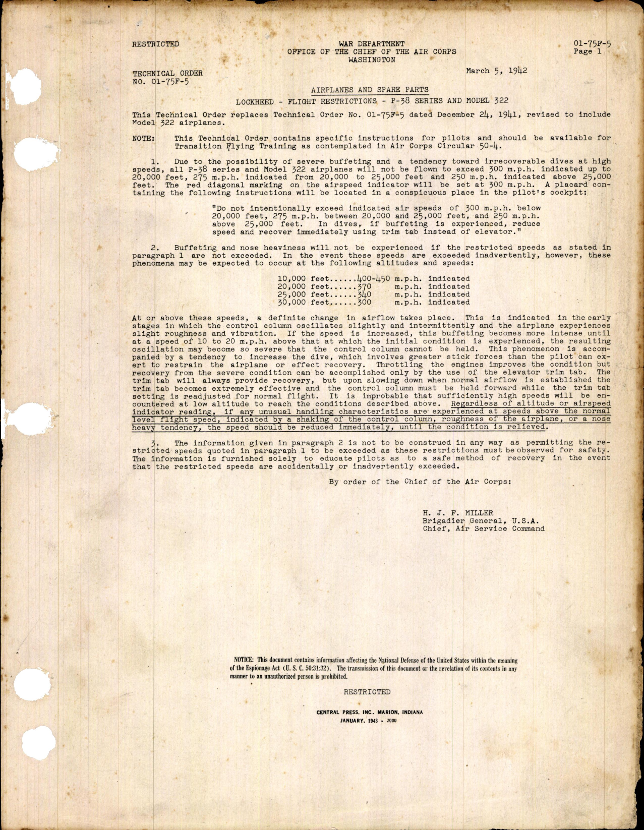 Sample page 1 from AirCorps Library document: Flight Restrictions for P-38 Series and Model 322
