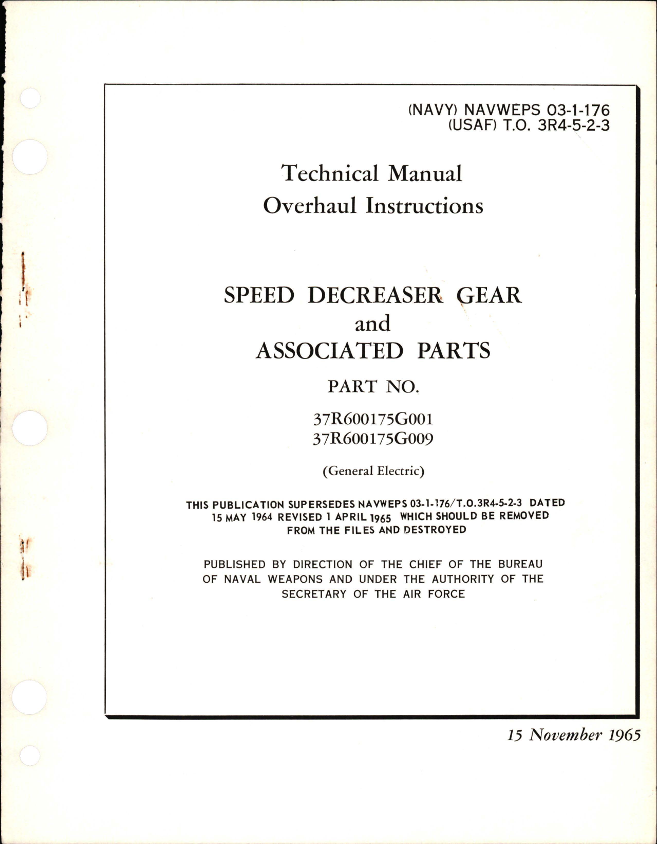 Sample page 1 from AirCorps Library document: Overhaul Instructions for Speed Decreaser Gear and Associated Parts - Parts 37R600175G001 and 37R600175G009 