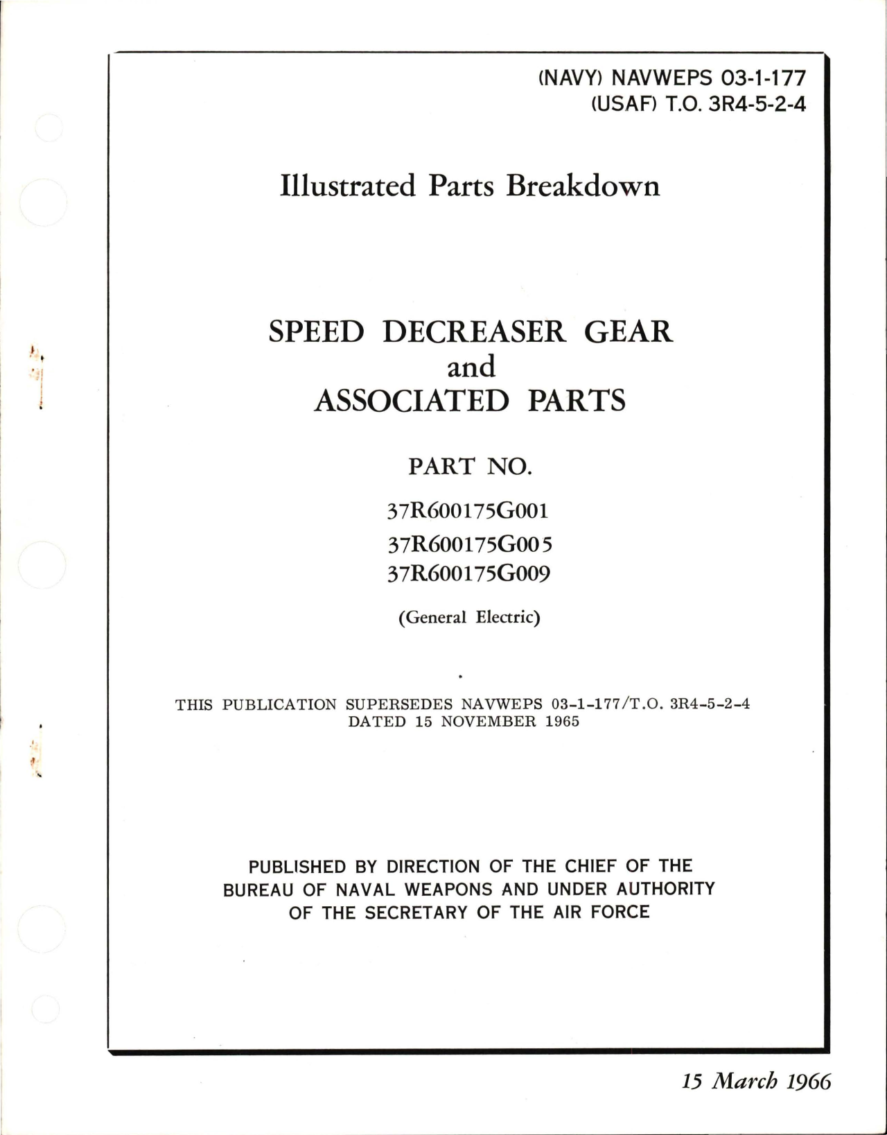 Sample page 1 from AirCorps Library document: Illustrated Parts Breakdown for Speed Decreaser Gear and Associated Parts - Parts 37R600175G001, 37R600175G005, and 37R600175G009 
