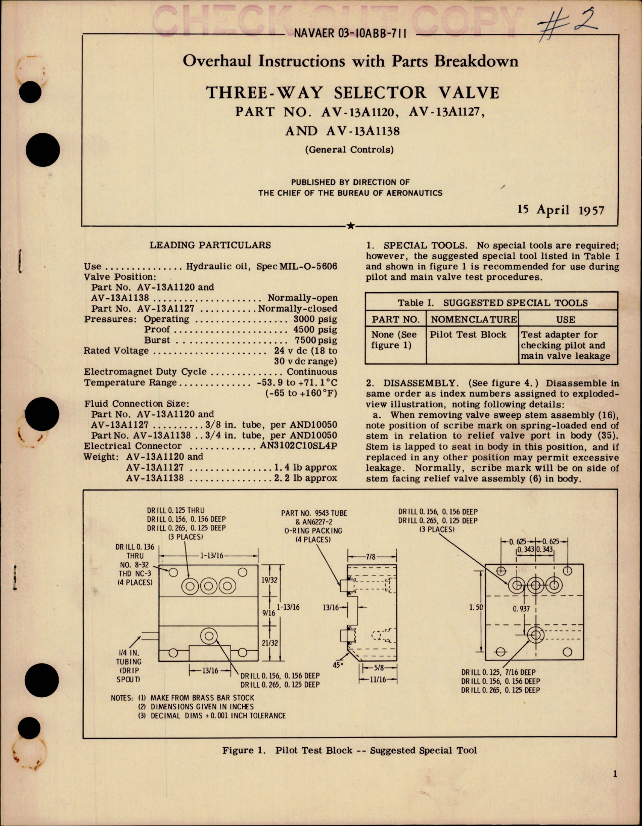 Sample page 1 from AirCorps Library document: Overhaul Instructions with Parts for Three Way Selector Valve - Parts AV-13A1120, AV-13A1127 and AV-13A1138