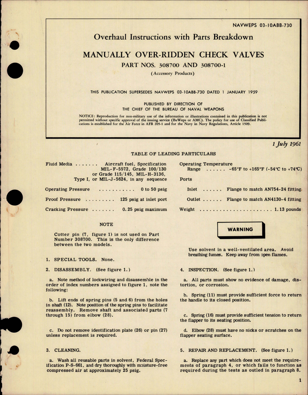 Sample page 1 from AirCorps Library document: Overhaul Instructions with Parts for Manually Over-Ridden Check Valves - Parts 308700 and 308700-1 