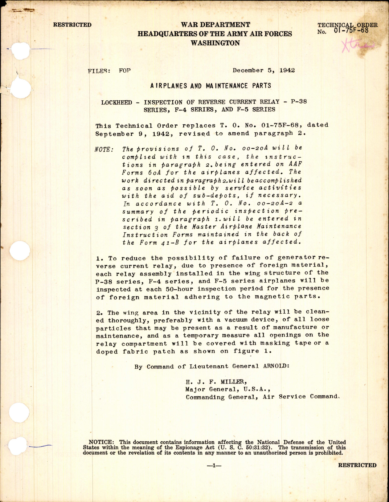 Sample page 1 from AirCorps Library document: Inspection of Reverse Current Relay for P-38 Series, F-4, and F-5 Series
