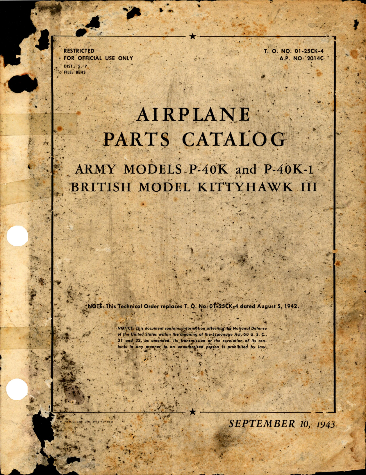 Sample page 1 from AirCorps Library document: Parts Catalog for Army Models P-40K and P-40K-1