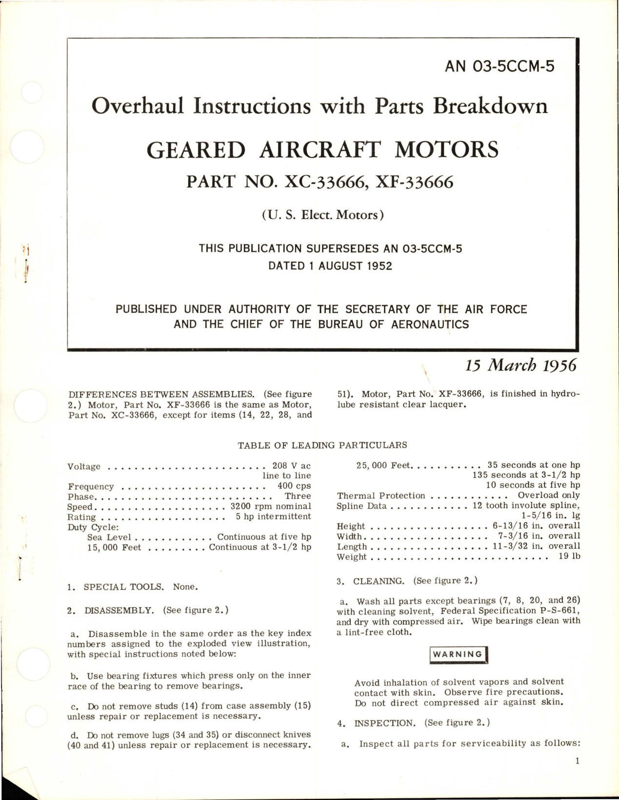 Sample page 1 from AirCorps Library document: Overhaul Instructions with Parts Breakdown for Geared Aircraft Motors - Parts XC-33666 and XF-33666
