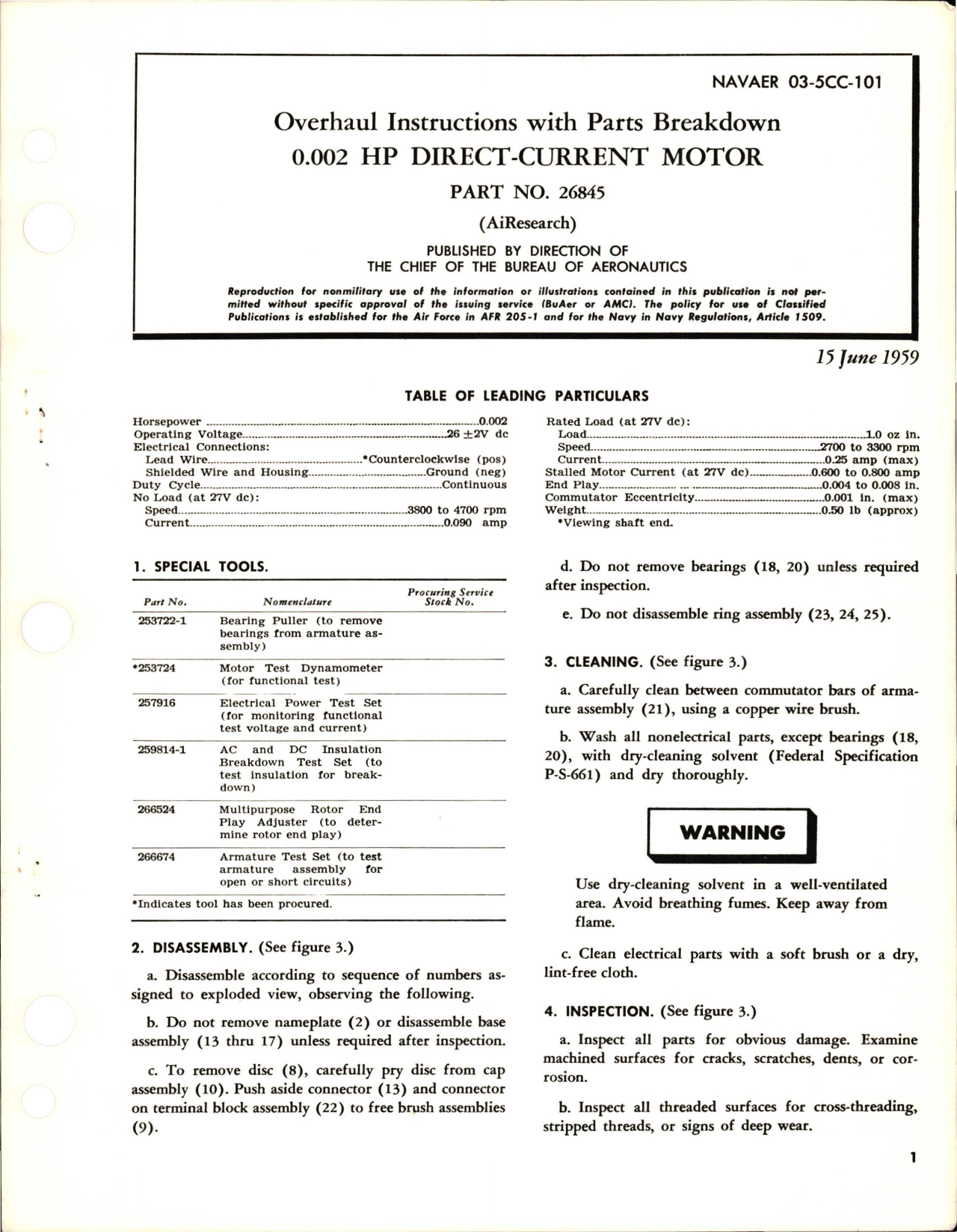 Sample page 1 from AirCorps Library document: Overhaul Instructions with Parts Breakdown for Direct Current Motor - 0.002 HP - Part 26845