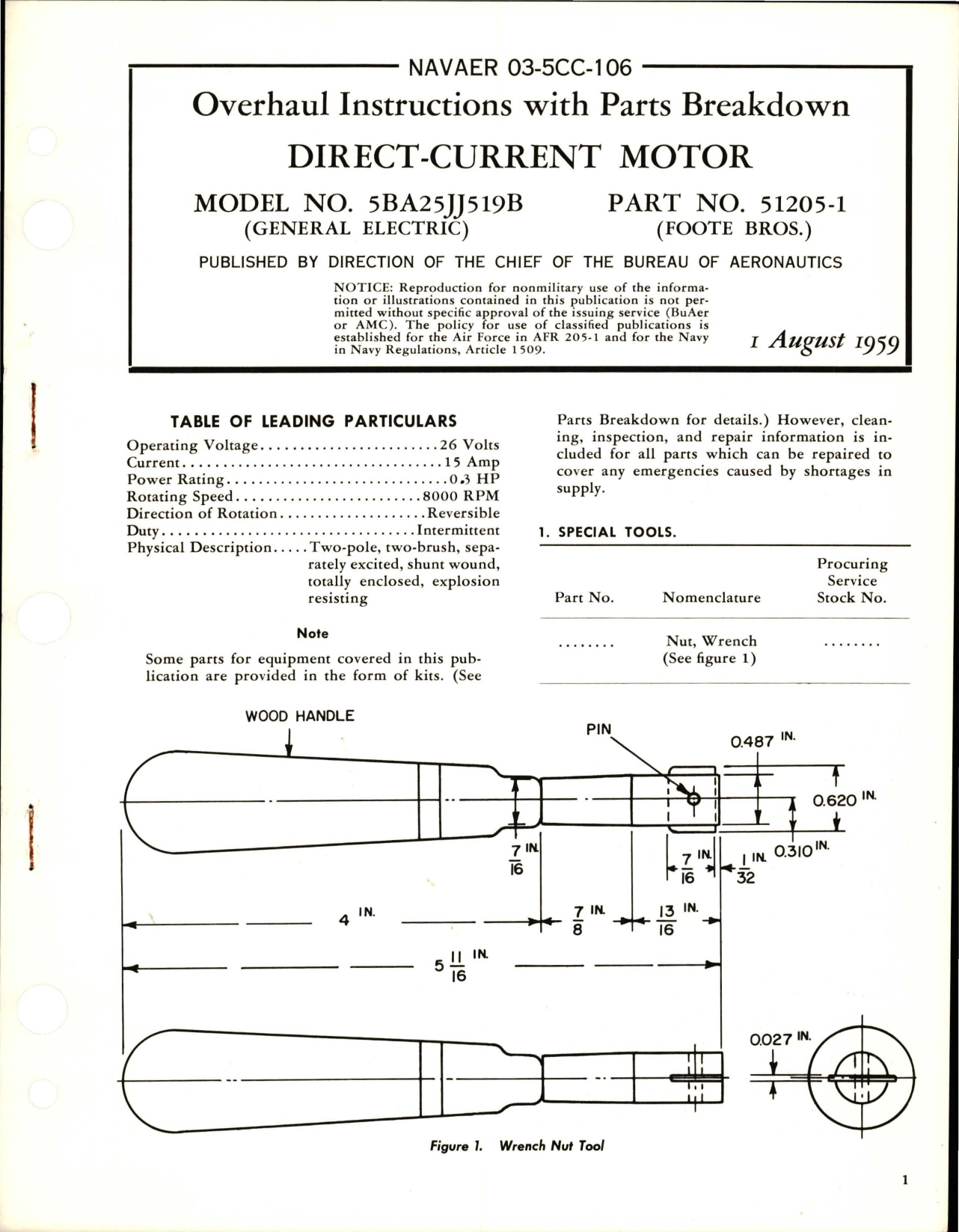 Sample page 1 from AirCorps Library document: Overhaul Instructions with Parts Breakdown for Direct Current Motor - Model 5BA25JJ519B - Part 51205-1