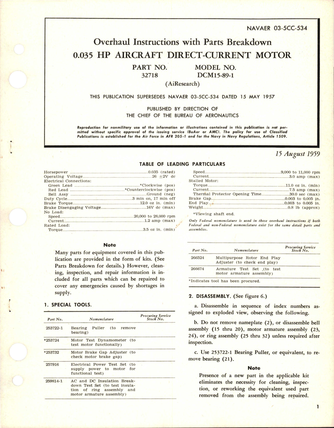 Sample page 1 from AirCorps Library document: Overhaul Instructions with Parts Breakdown for Direct Current Motor - 0.035 HP - Part 32718 - Model DCM15-89-1