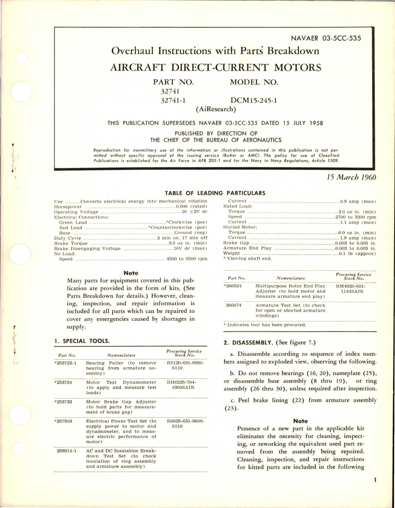 Sample page 1 from AirCorps Library document: Overhaul Instructions with Parts Breakdown for Direct Current Motor - Parts 32741 and 32741-1
