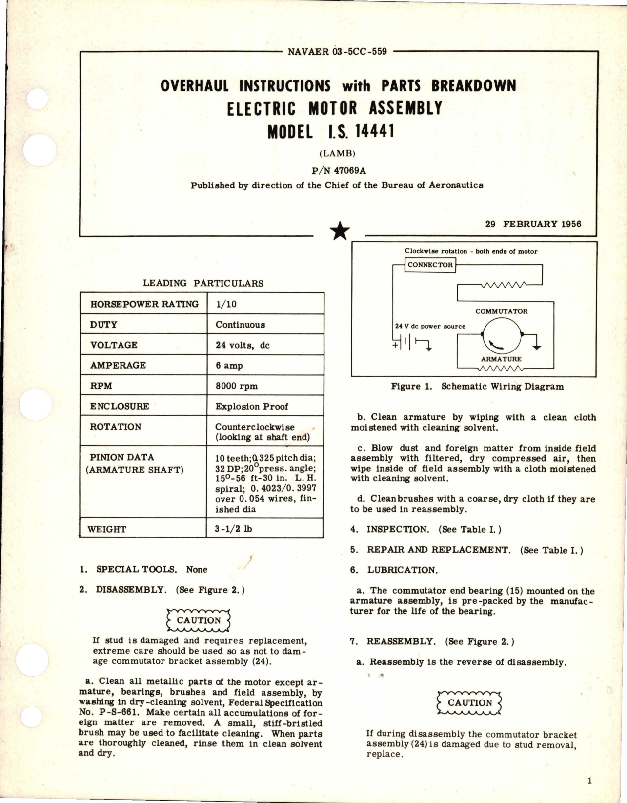 Sample page 1 from AirCorps Library document: Overhaul Instructions with Parts Breakdown for Electric Motor Assembly - Model I.S. 14441 