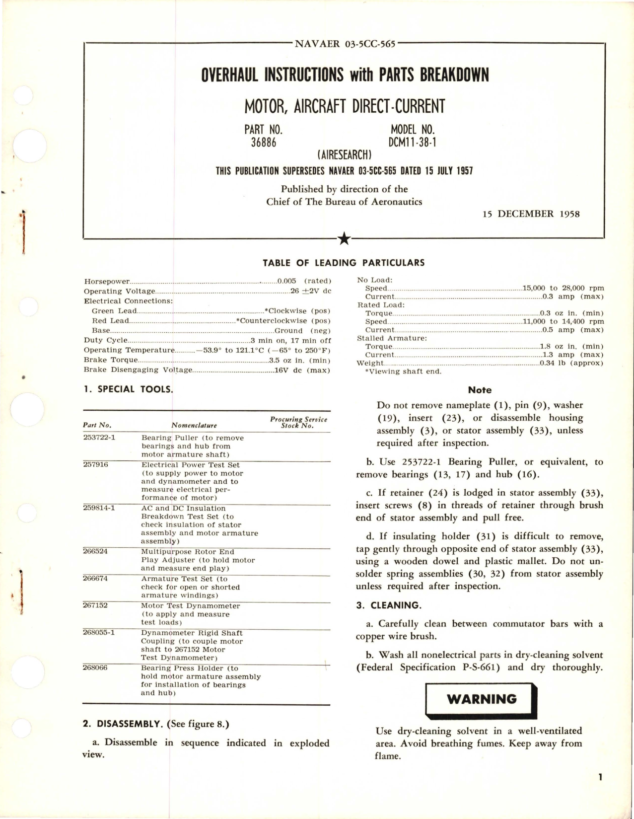 Sample page 1 from AirCorps Library document: Overhaul Instructions with Parts Breakdown for Direct Current Motor - Part 36886 - Model DCM11-38-1