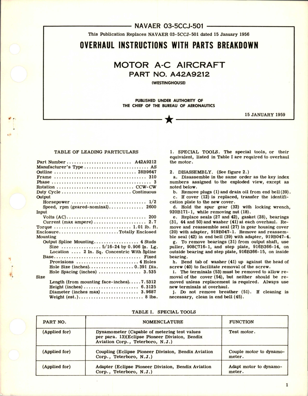 Sample page 1 from AirCorps Library document: Overhaul Instructions with Parts Breakdown for AC Motor - Part A42A9212