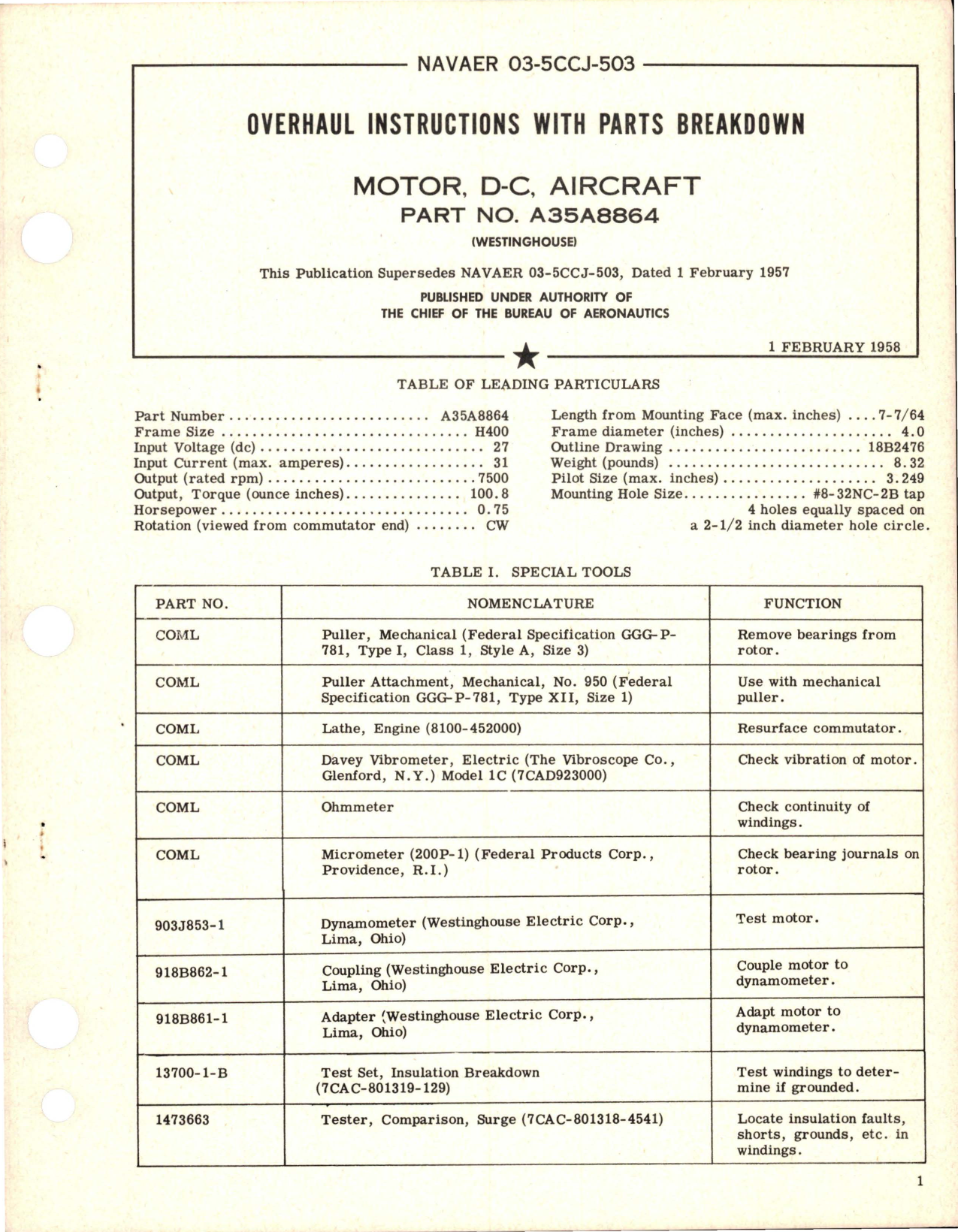 Sample page 1 from AirCorps Library document: Overhaul Instructions with Parts Breakdown for DC Motor - Part A35A8864