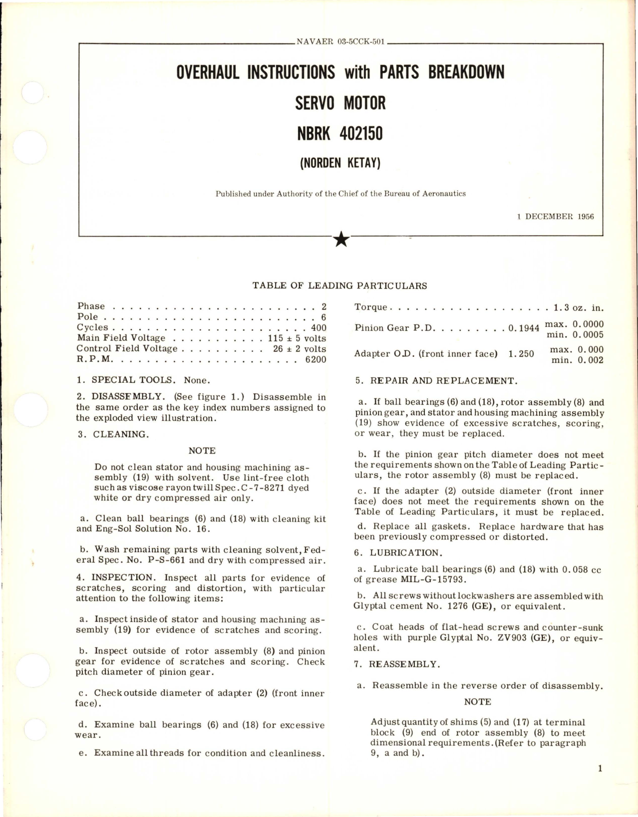 Sample page 1 from AirCorps Library document: Overhaul Instructions with Parts Breakdown for Servo Motor - NBRK 402150