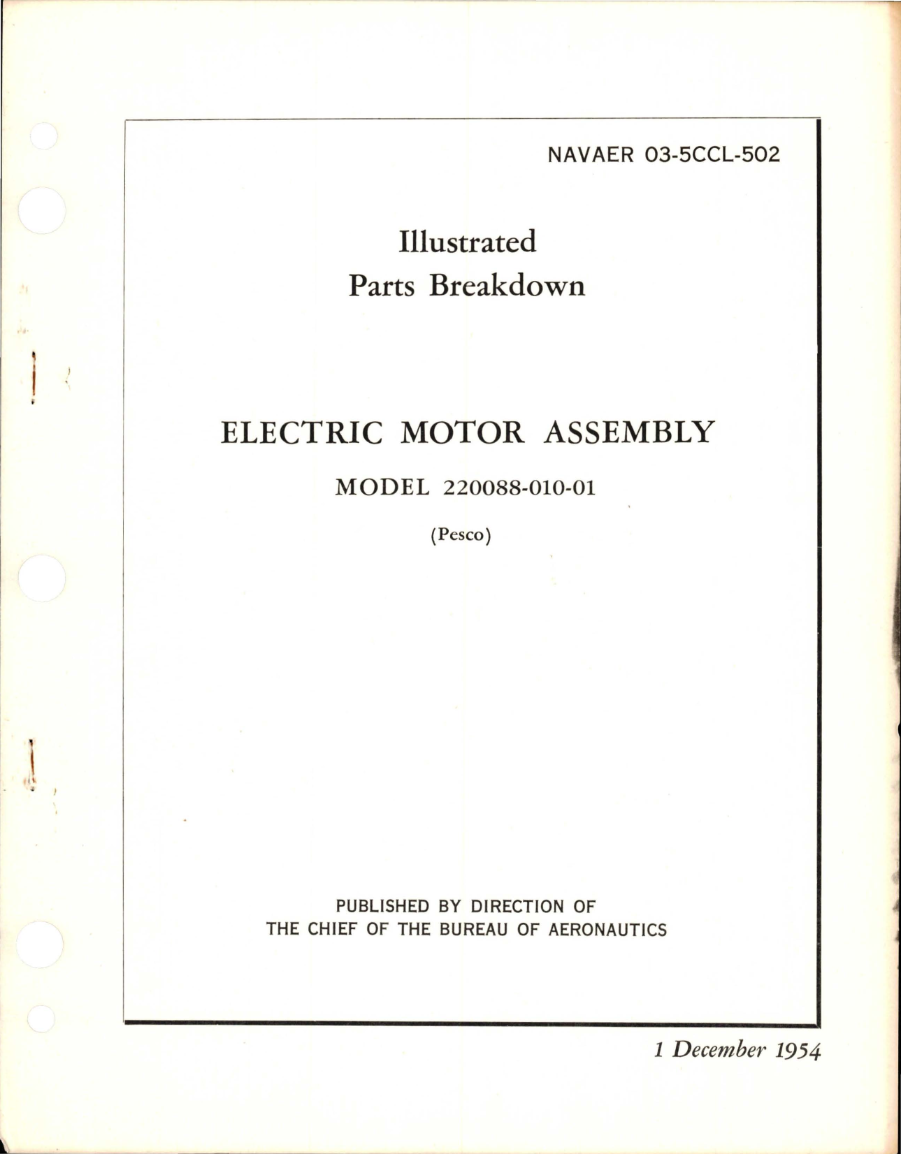 Sample page 1 from AirCorps Library document: Illustrated Parts Breakdown for Electric Motor Assembly - Model 220088-010-01