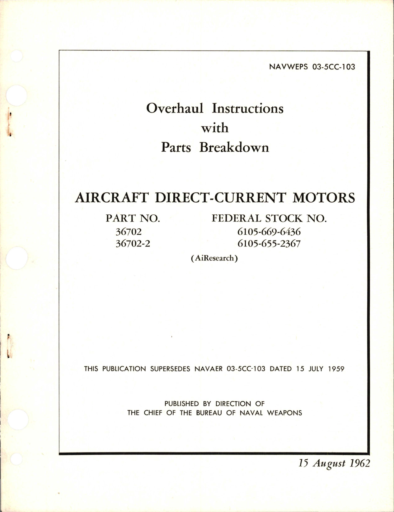 Sample page 1 from AirCorps Library document: Overhaul Instructions with Parts Breakdown for Direct-Current Motors - Parts 36702 and 36702-2