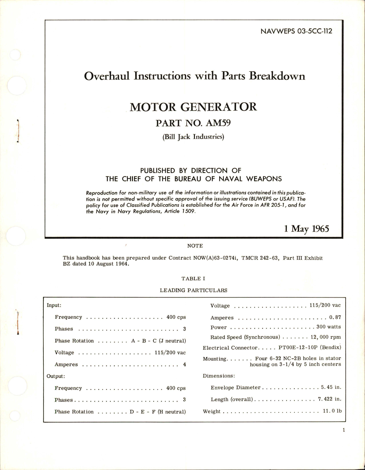 Sample page 1 from AirCorps Library document: Overhaul Instructions with Parts Breakdown for Motor Generator - Part AM59