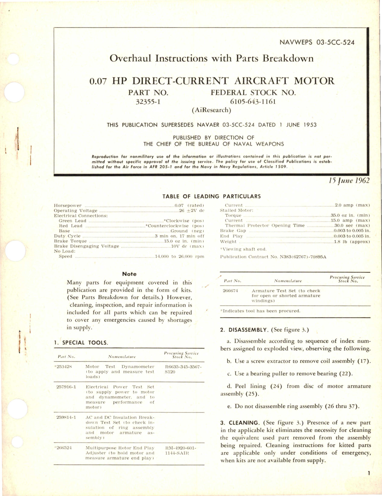 Sample page 1 from AirCorps Library document: Overhaul Instructions with Parts Breakdown for Direct Current Aircraft Motor - 0.07 HP - Part 32355-1