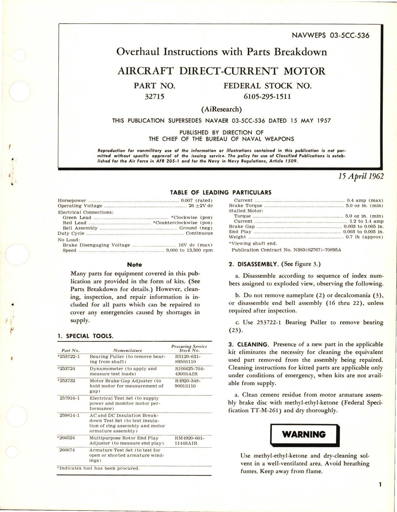 Sample page 1 from AirCorps Library document: Overhaul Instructions with Parts Breakdown for Direct Current Motor - Part 32715