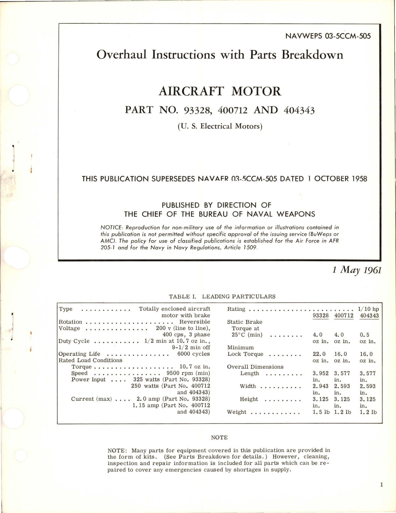 Sample page 1 from AirCorps Library document: Overhaul Instructions with Parts Breakdown for Aircraft Motor - Part 93328, 400712, and 404343