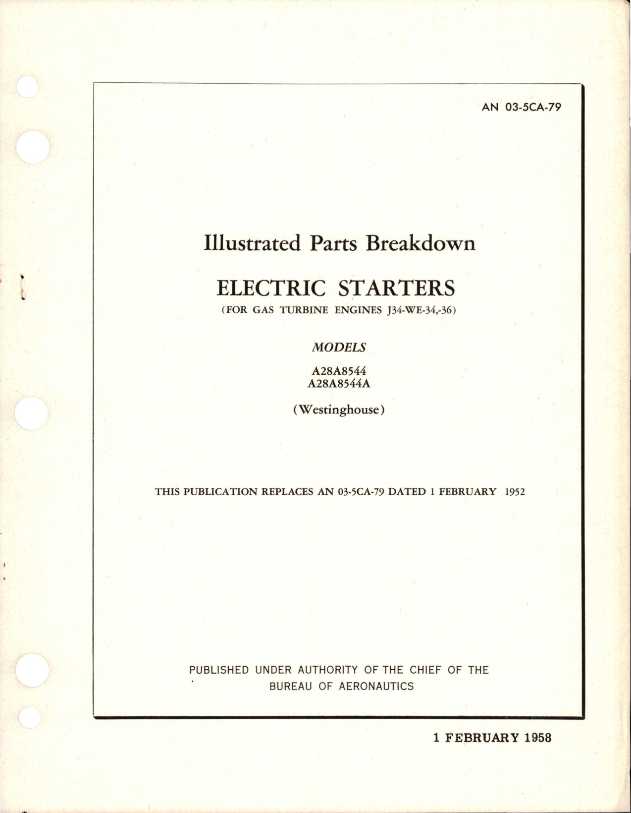 Sample page 1 from AirCorps Library document: Illustrated Parts Breakdown for Electric Starters (for Gas Turbine Engines) Models A28A8544, and A28A8544A