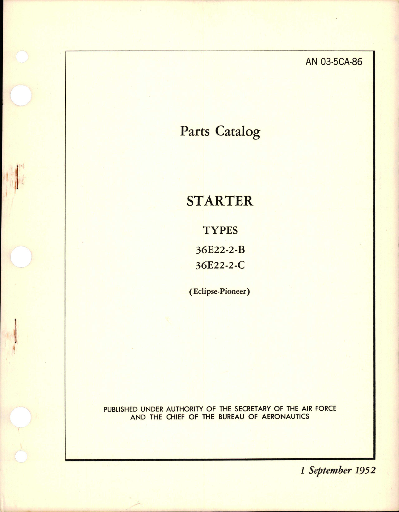 Sample page 1 from AirCorps Library document: Parts Catalog for Starter - Types 36E22-2-B and 36E22-2-C 