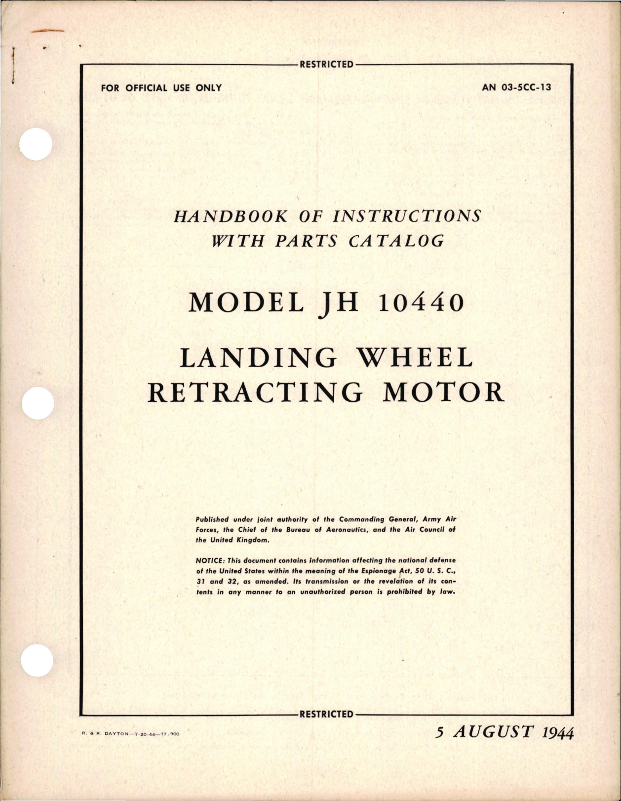 Sample page 1 from AirCorps Library document: Operation, Service and Overhaul Instructions with Parts Catalog for Landing Wheel Retracting Motor - Model JH I0440
