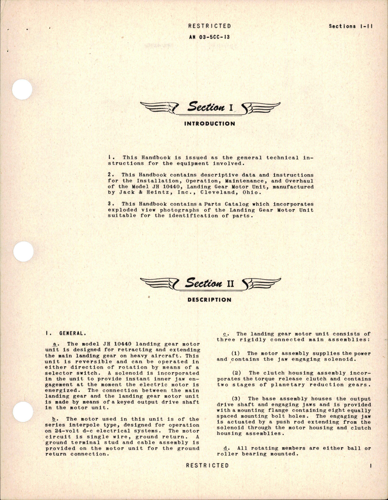 Sample page 5 from AirCorps Library document: Operation, Service and Overhaul Instructions with Parts Catalog for Landing Wheel Retracting Motor - Model JH I0440