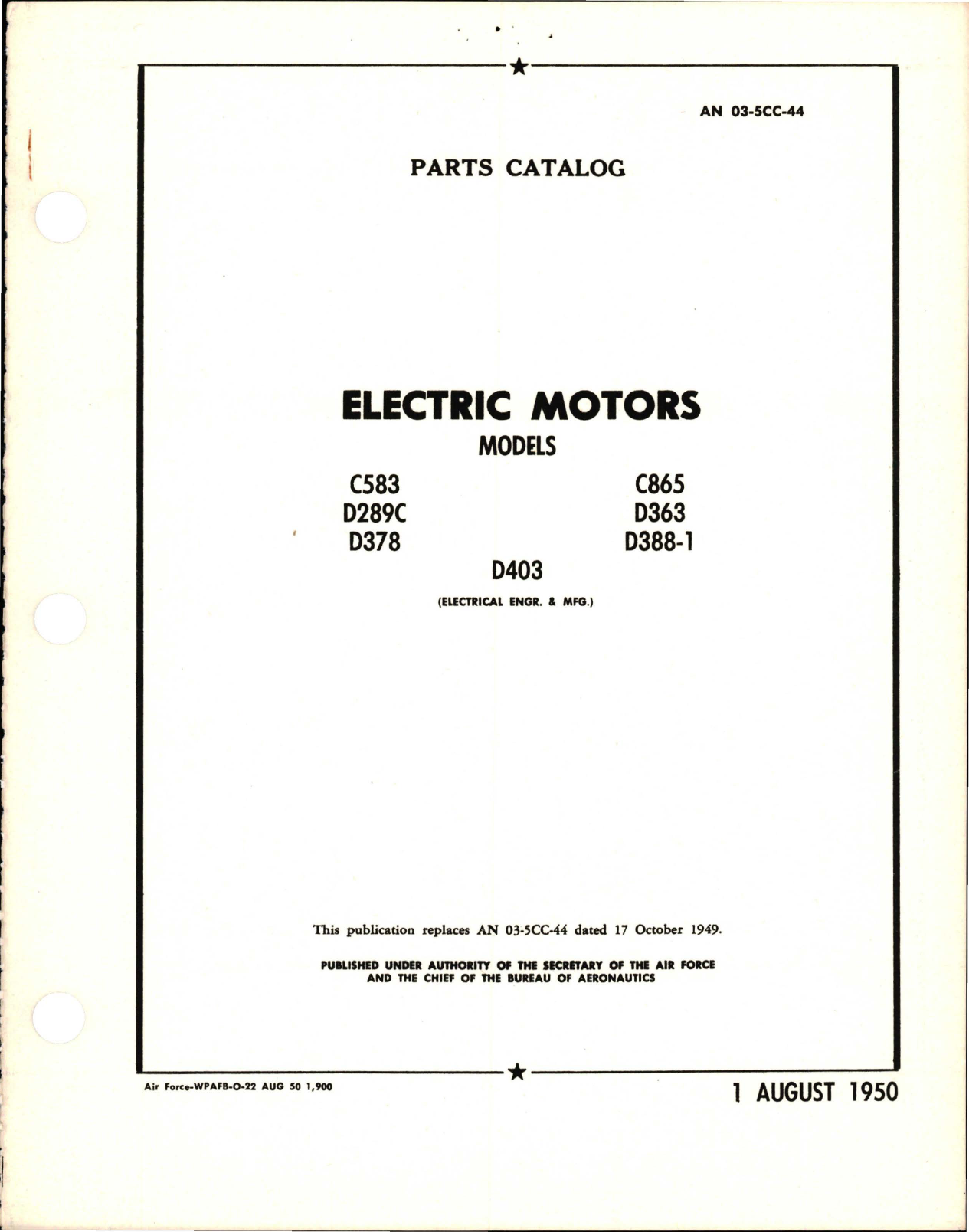 Sample page 1 from AirCorps Library document: Parts Catalog, Electric Motors - Models C583, D289C, D378, C865, D363, D388-1, and D403
