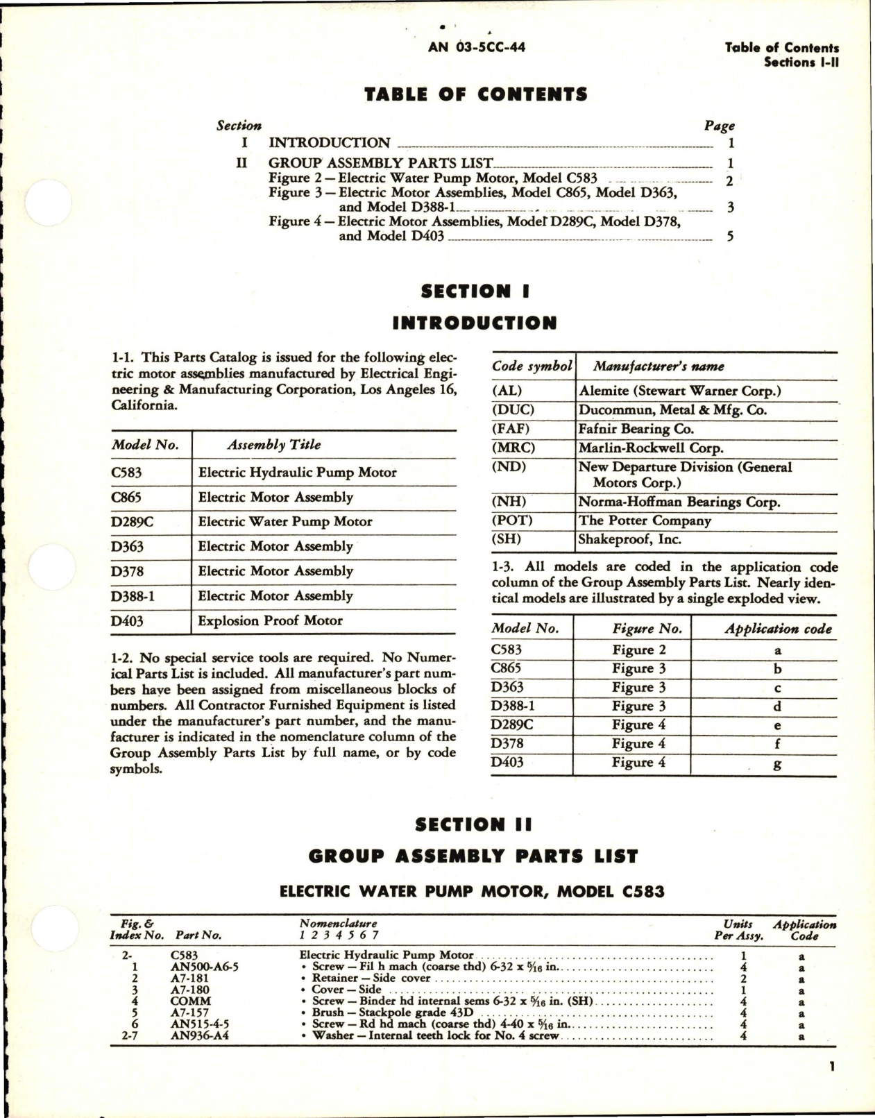 Sample page 5 from AirCorps Library document: Parts Catalog, Electric Motors - Models C583, D289C, D378, C865, D363, D388-1, and D403