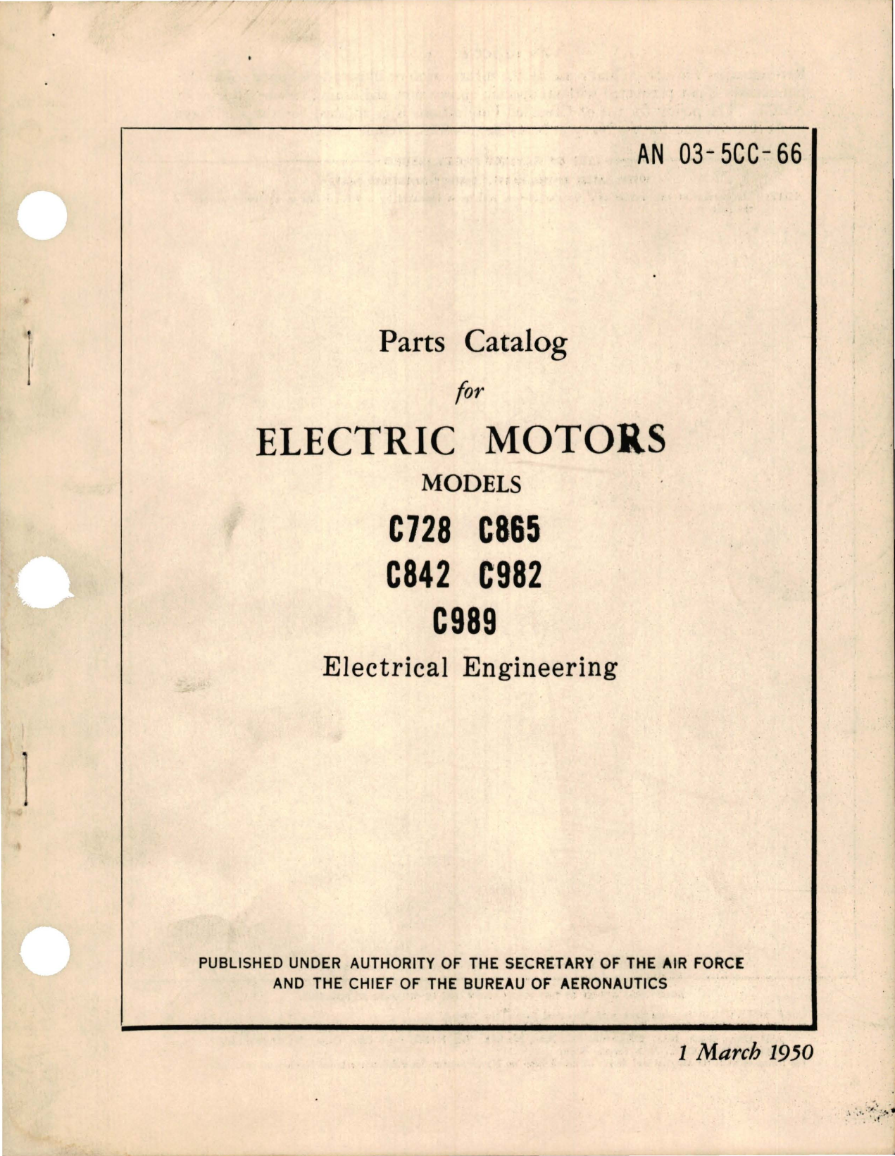 Sample page 1 from AirCorps Library document: Parts Catalog for Electric Motors - Models C728, C842, C865, C982, and C898