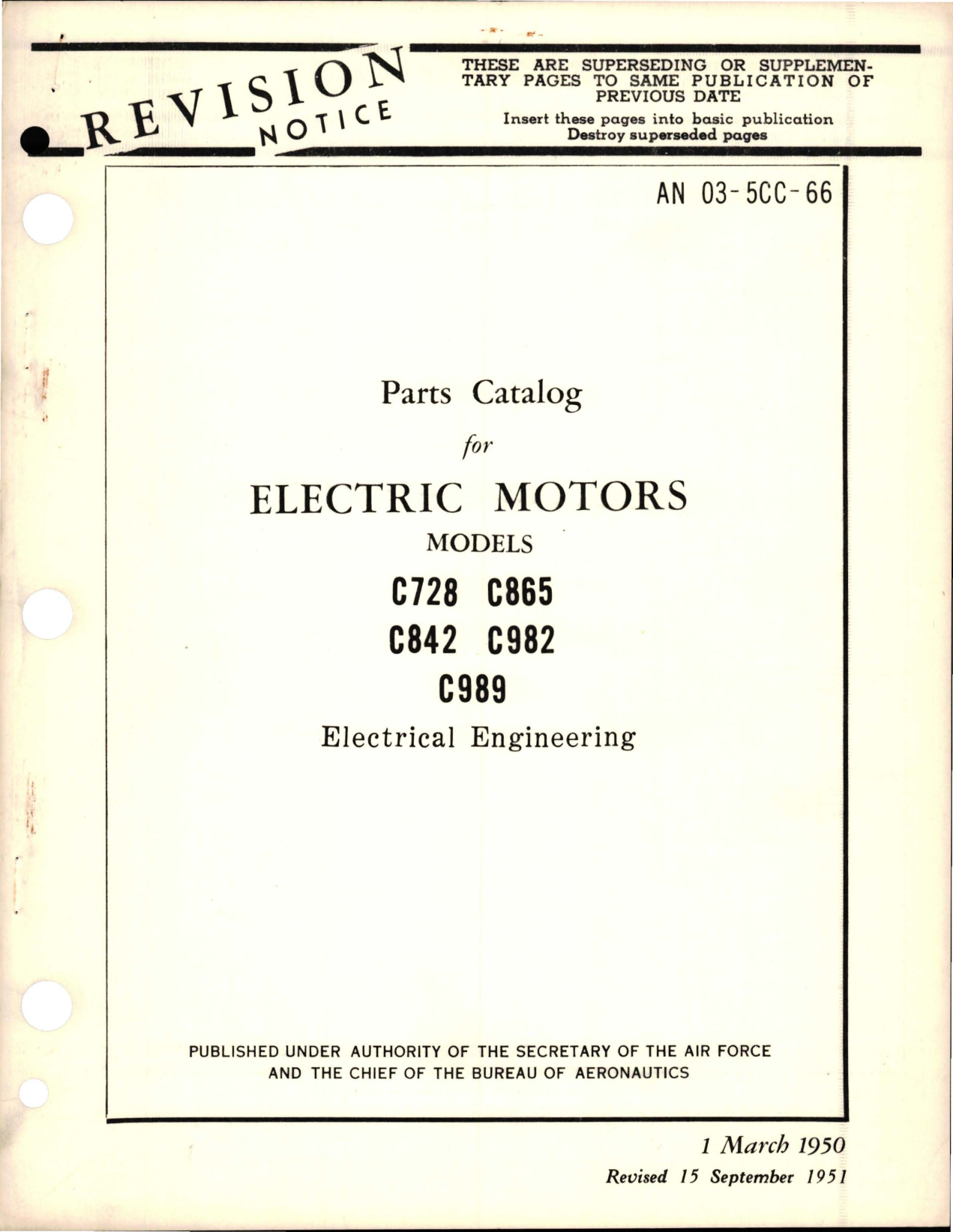 Sample page 1 from AirCorps Library document: Revision to Parts Catalog for Electric Motors - Models C728, C842, C865, C982, and C898