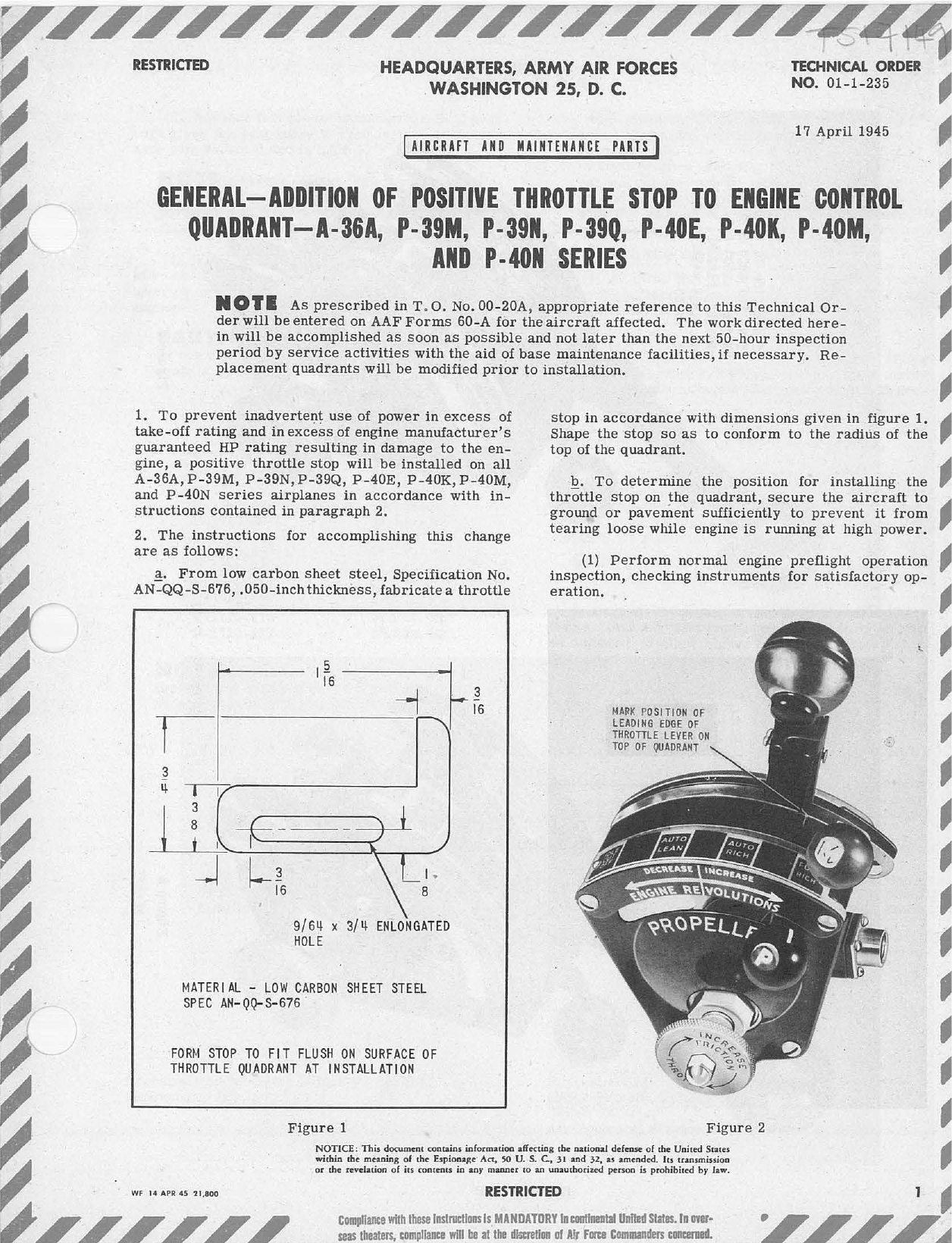 Sample page 1 from AirCorps Library document: General Addition of Positive Throttle Stop to Engine Control Quadrant for A-36A, P-39M, P-39N, P-39Q, P-40E, P-40K, P-40M, P-40N Series