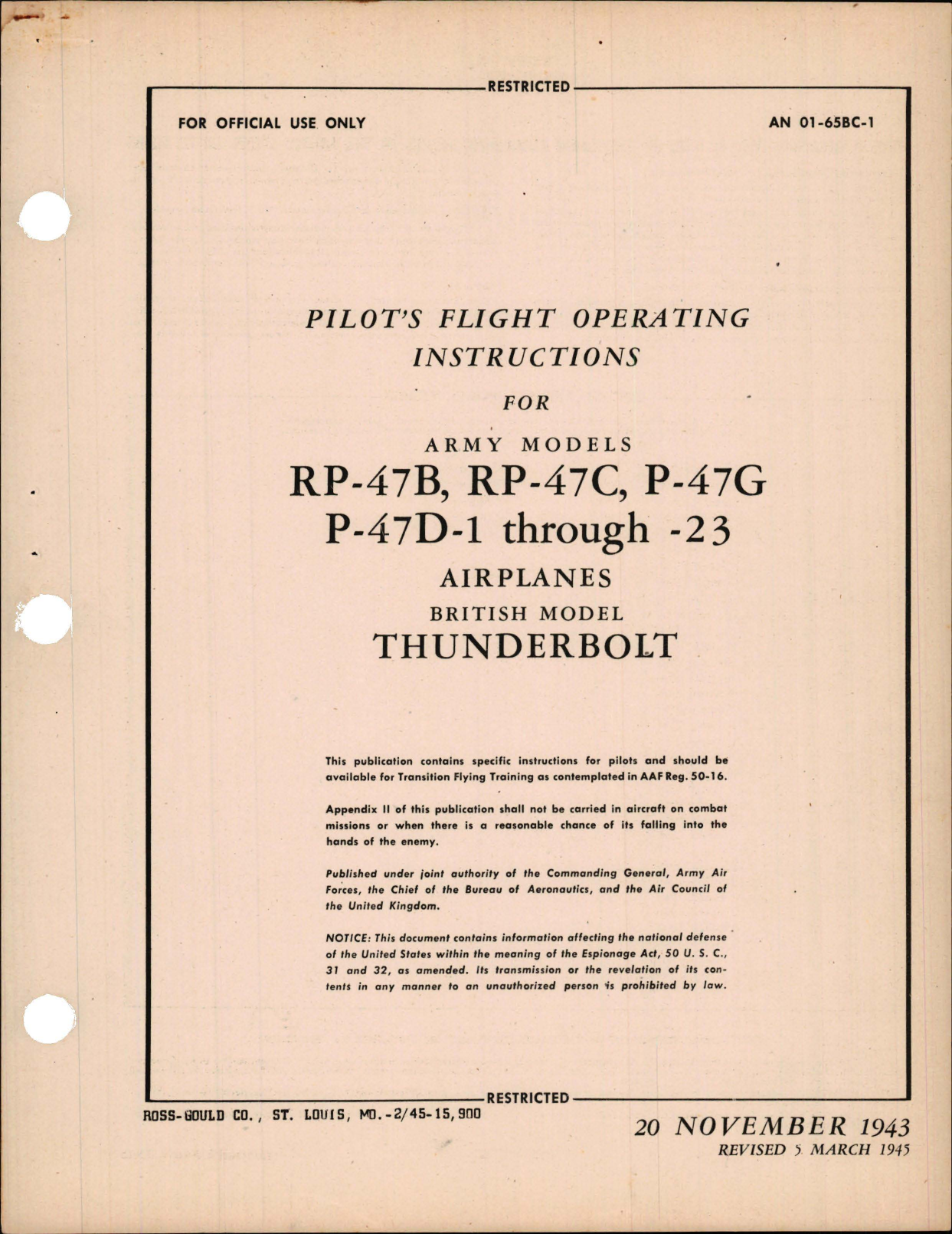 Sample page 1 from AirCorps Library document: Pilot's Flight Operating Instructions for RP-47B, RP-47C, P-47G, P-47D-1 through P-47-23