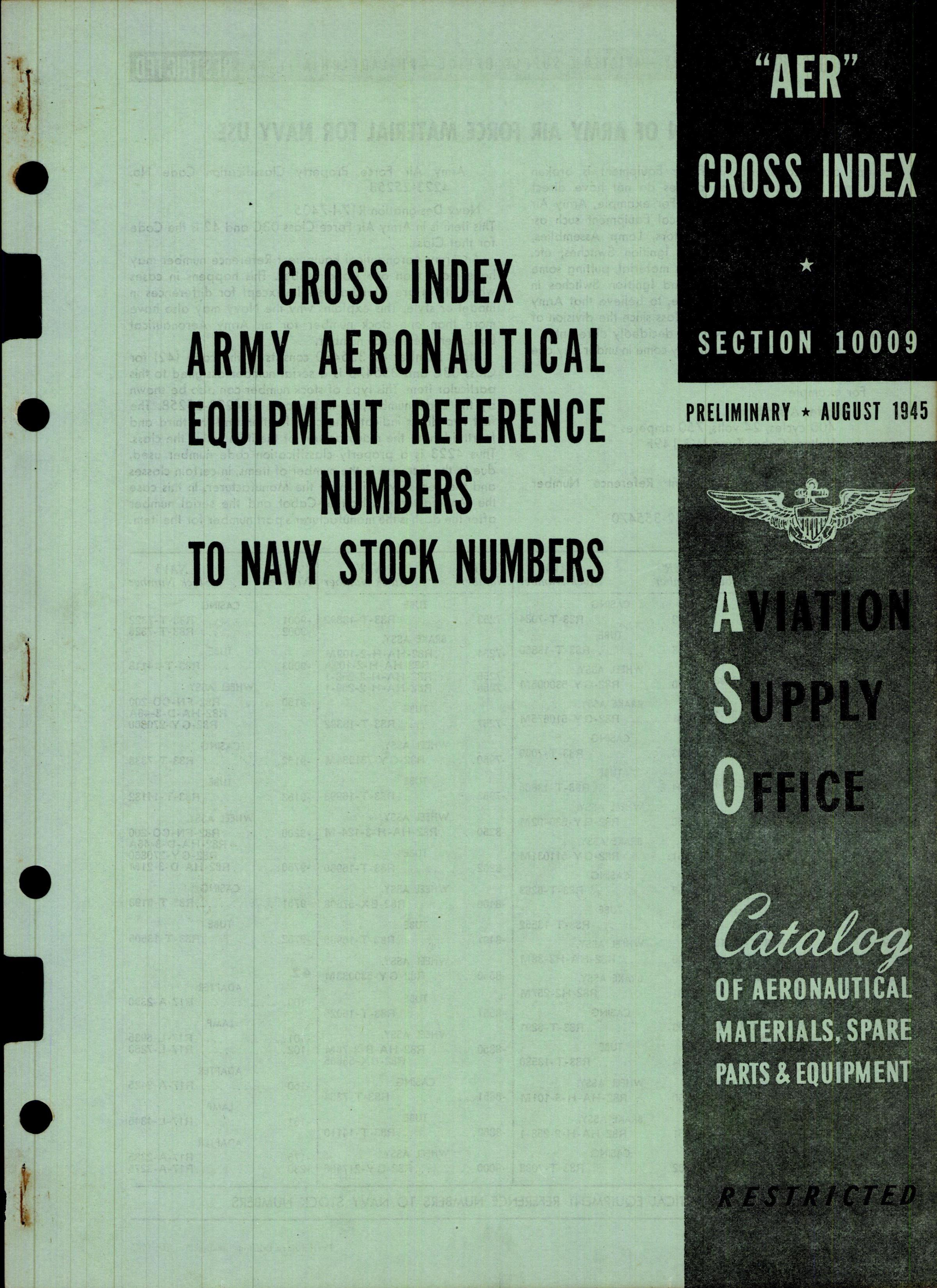 Sample page 1 from AirCorps Library document: Cross Index Army Aeronautical Equipment Reference Numbers to Navy Stock Numbers