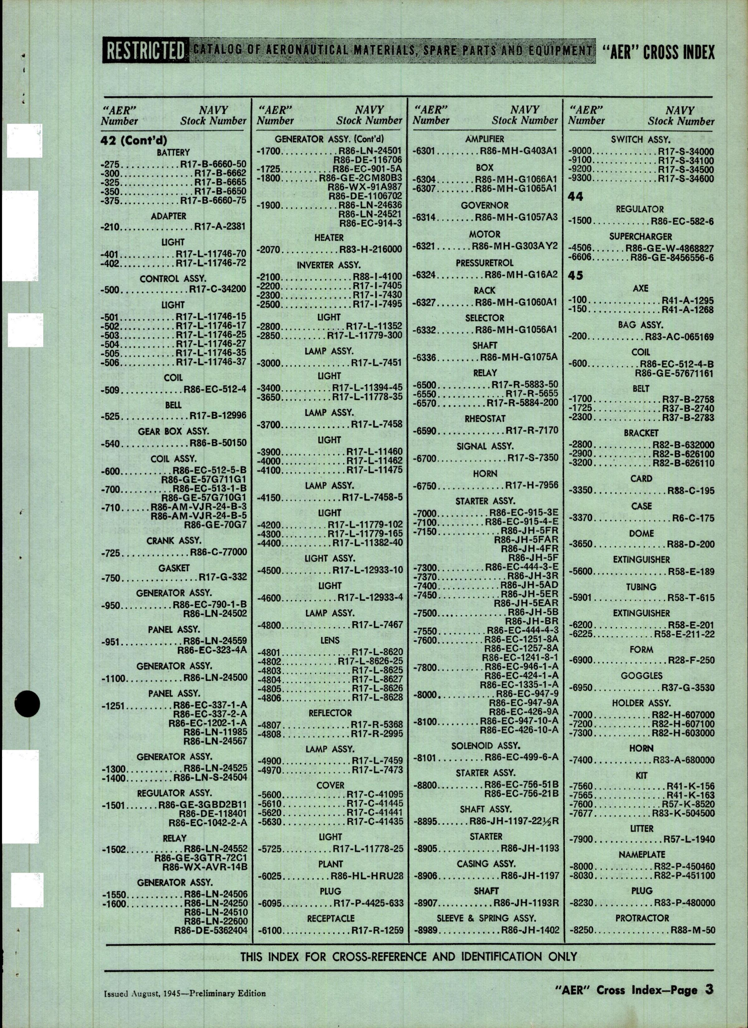Sample page 3 from AirCorps Library document: Cross Index Army Aeronautical Equipment Reference Numbers to Navy Stock Numbers