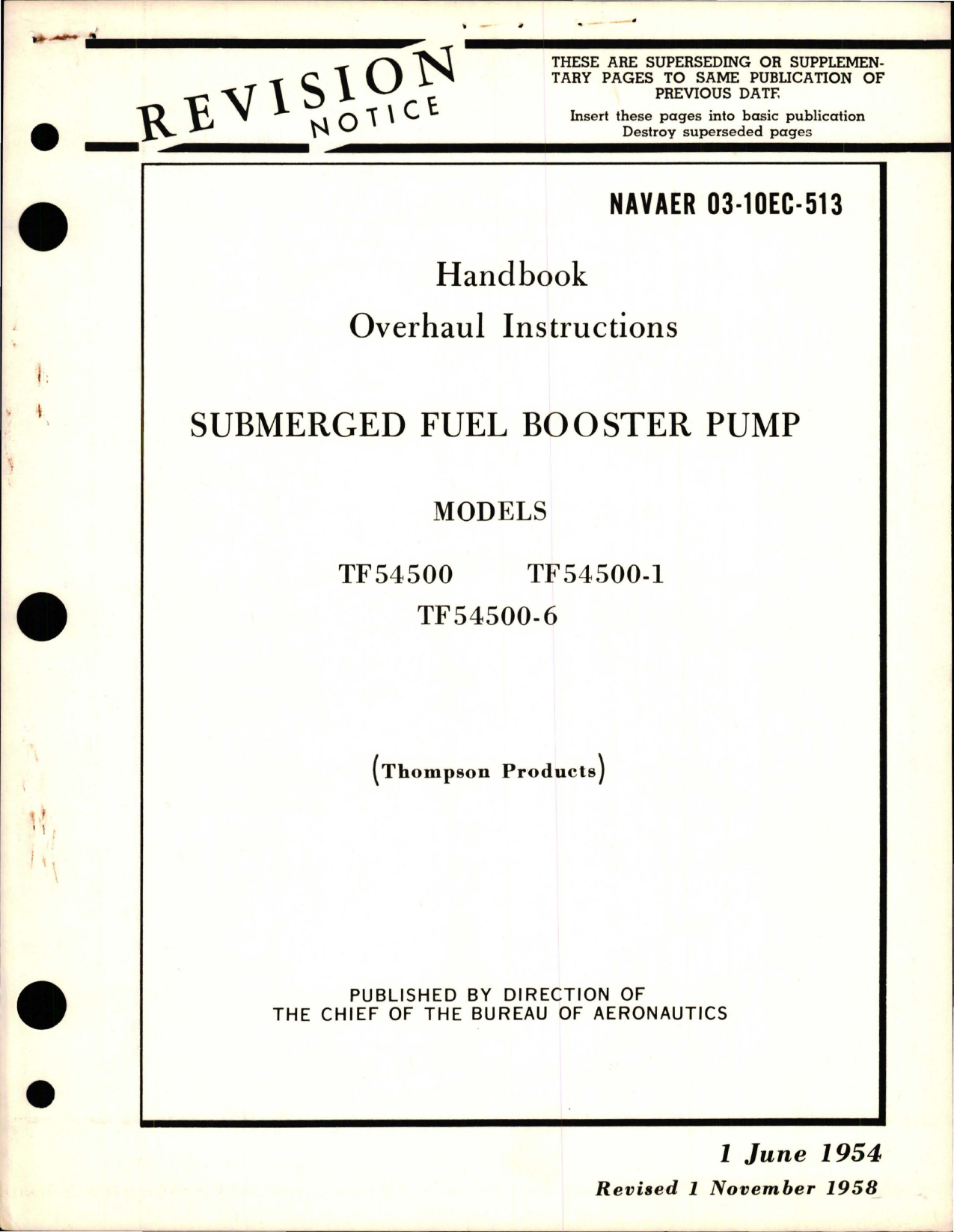 Sample page 1 from AirCorps Library document: Overhaul Instructions for Submerged Fuel Booster Pump - Models TF54500, TF54500-1, and TF54500-6