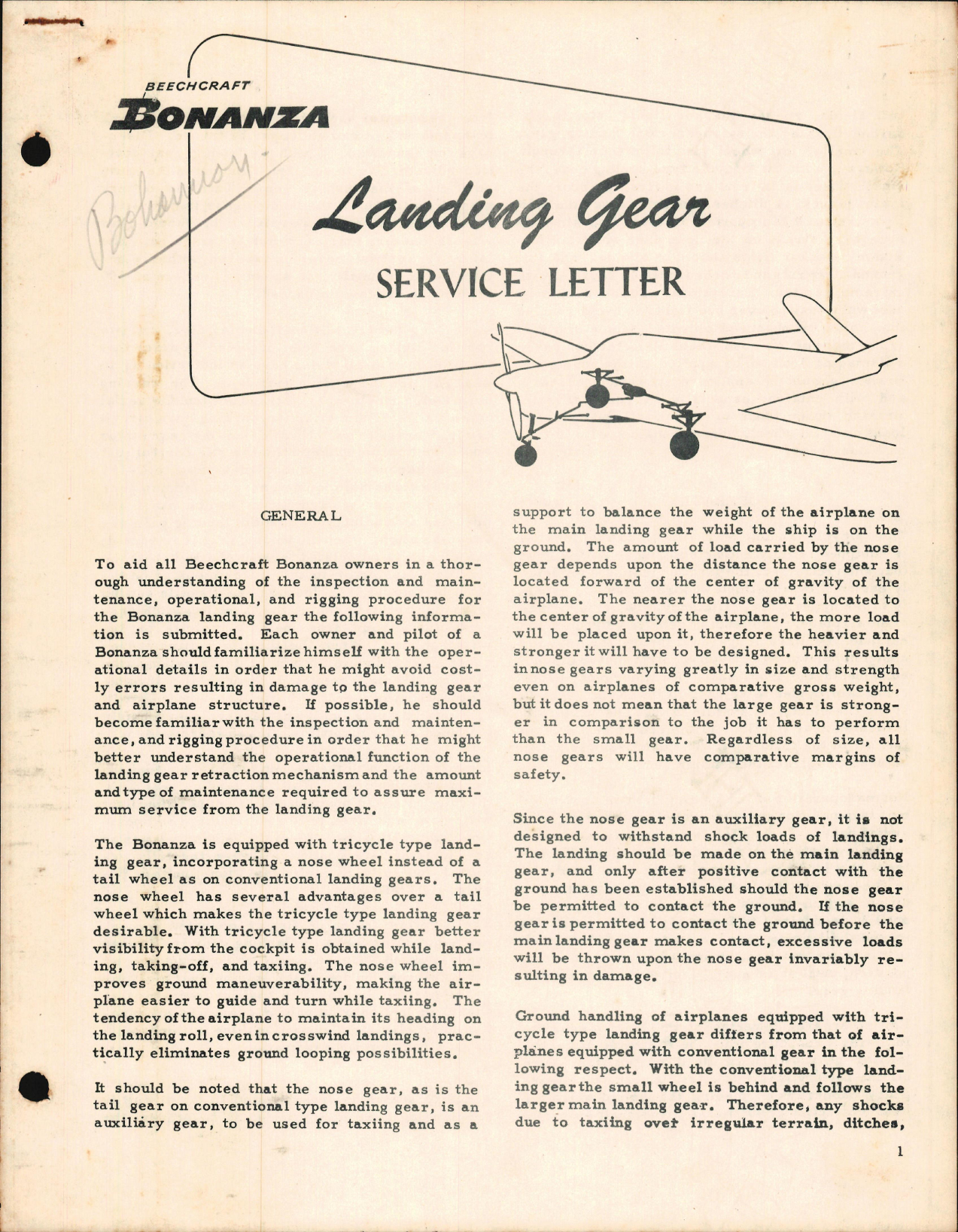 Sample page 1 from AirCorps Library document: Landing Gear Service Letter for Beechcraft Bonanza