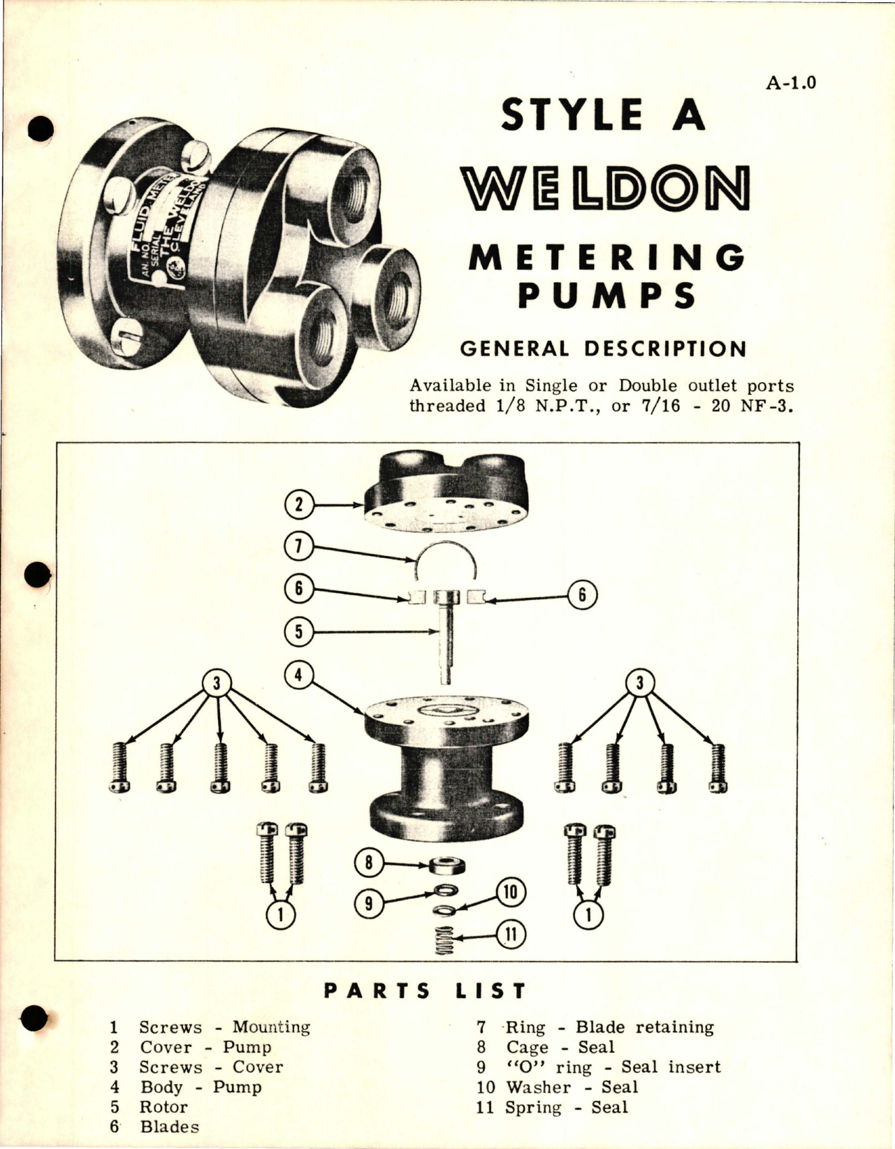 Sample page 1 from AirCorps Library document: Weldon Metering Pumps - Style A - General Description with Parts List 