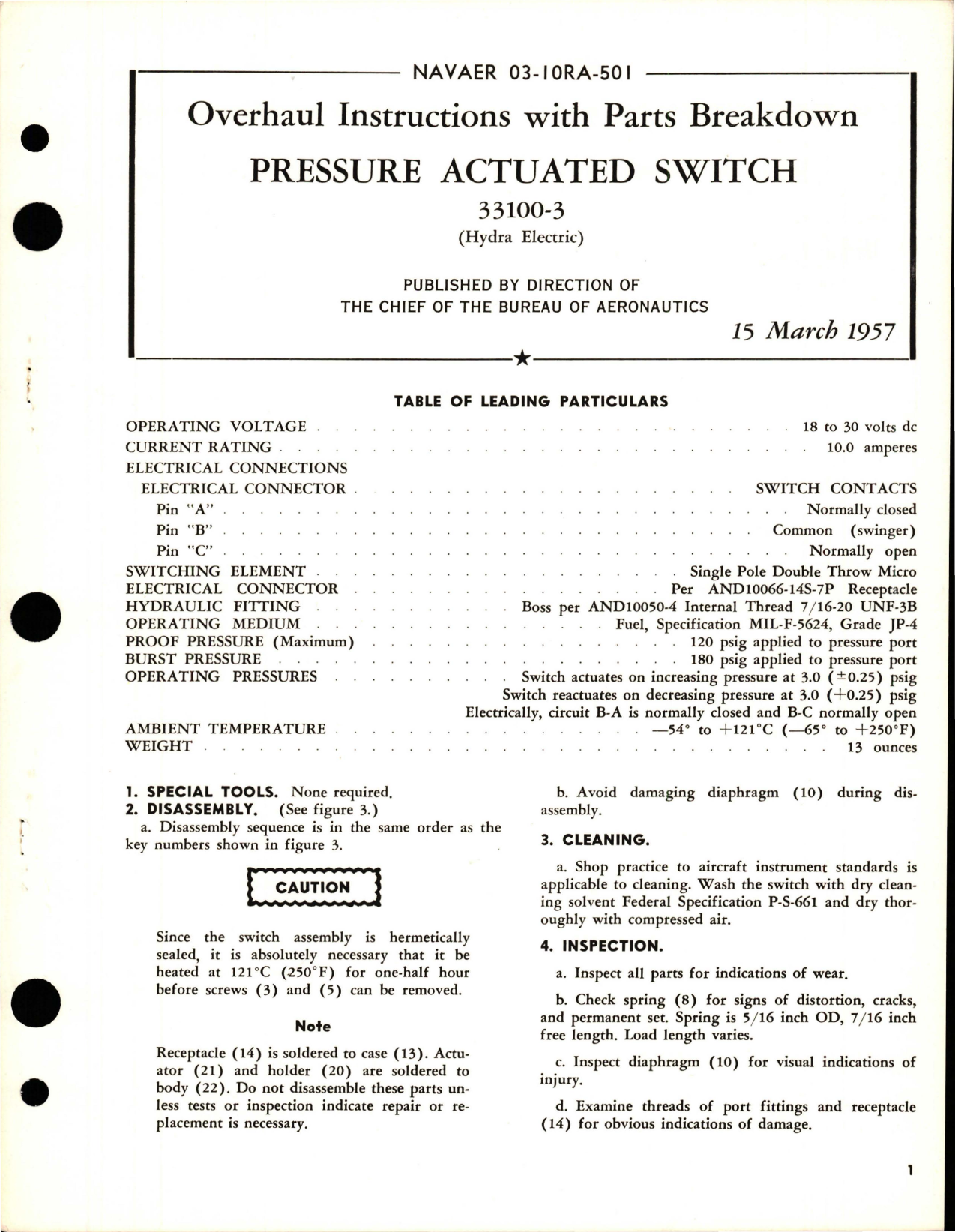 Sample page 1 from AirCorps Library document: Overhaul Instructions with Parts Breakdown for Pressure Actuated Switch - 33100-3 