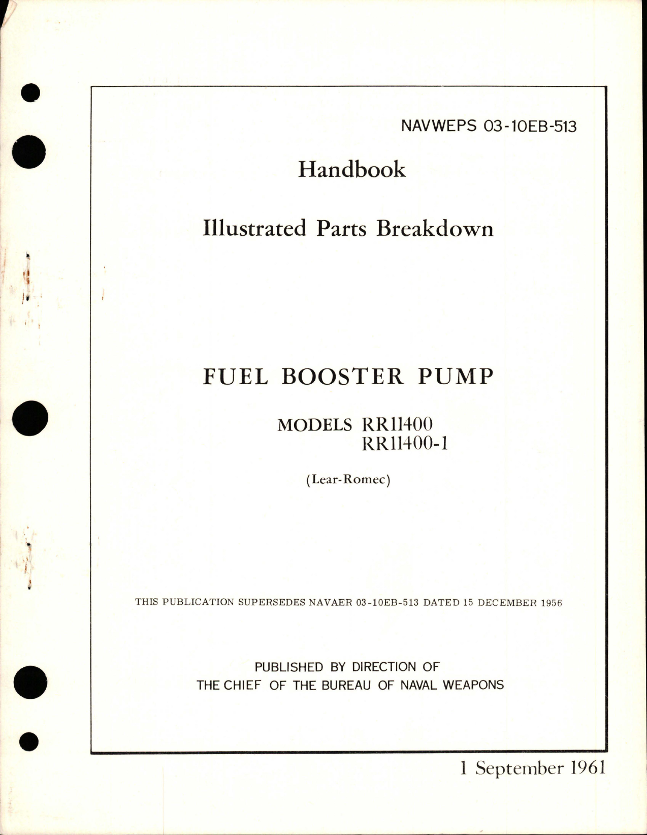 Sample page 1 from AirCorps Library document: Illustrated Parts Breakdown for Fuel Booster Pump - Models RR11400, RR11400-1