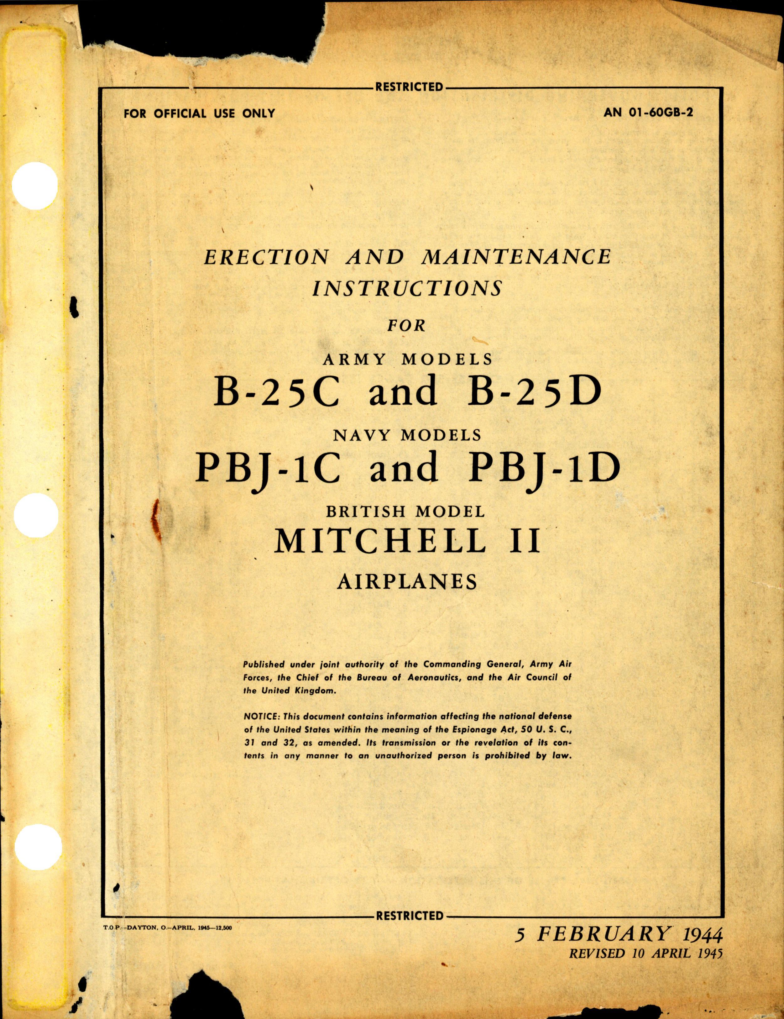 Sample page 1 from AirCorps Library document: Erection and Maintenance Inst for B-25C. D, and PBJ-1C, & D