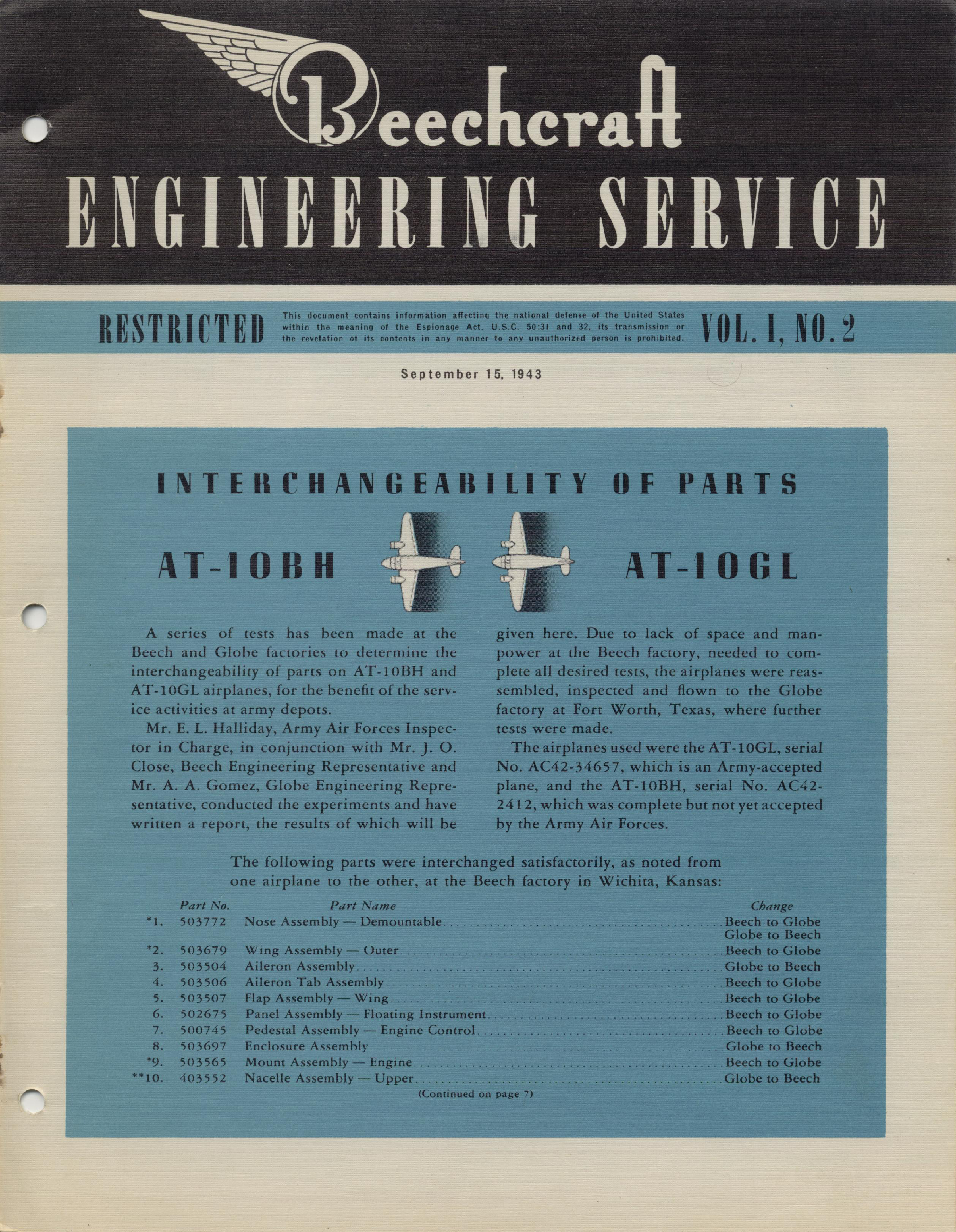 Sample page 1 from AirCorps Library document: Vol. I, No. 2 - Beechcraft Engineering Service