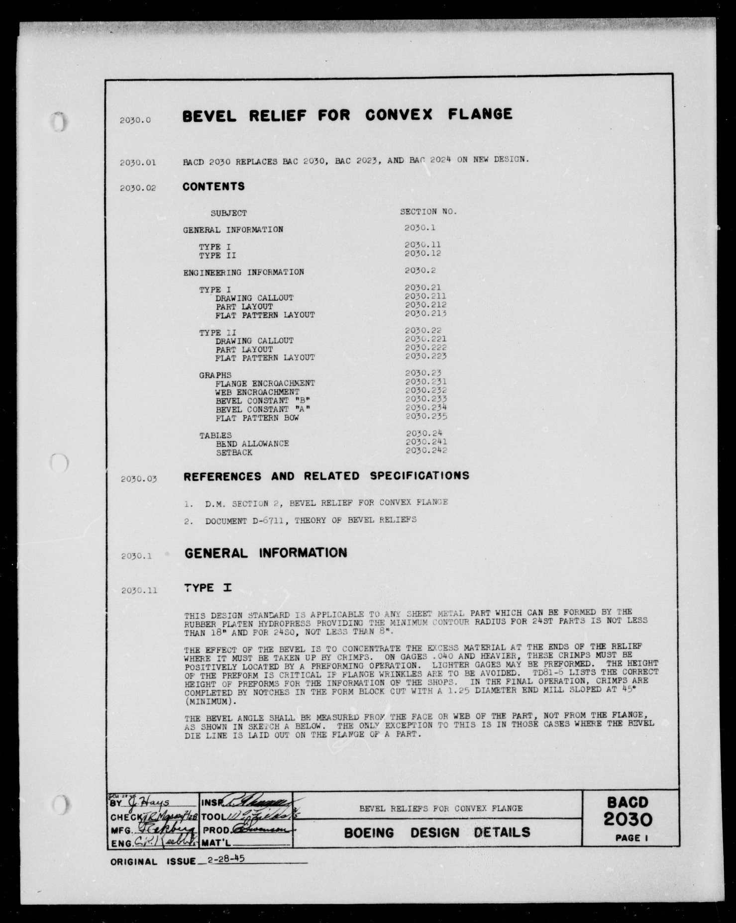 Sample page 1 from AirCorps Library document: Bevel Reliefs for Convex Flange