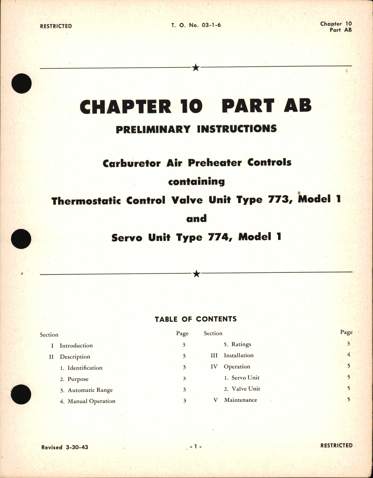 Sample page 1 from AirCorps Library document: Preliminary Instructions for Carburetor Air Preheater Controls Containing Thermostatic Control Valves & Servo Units