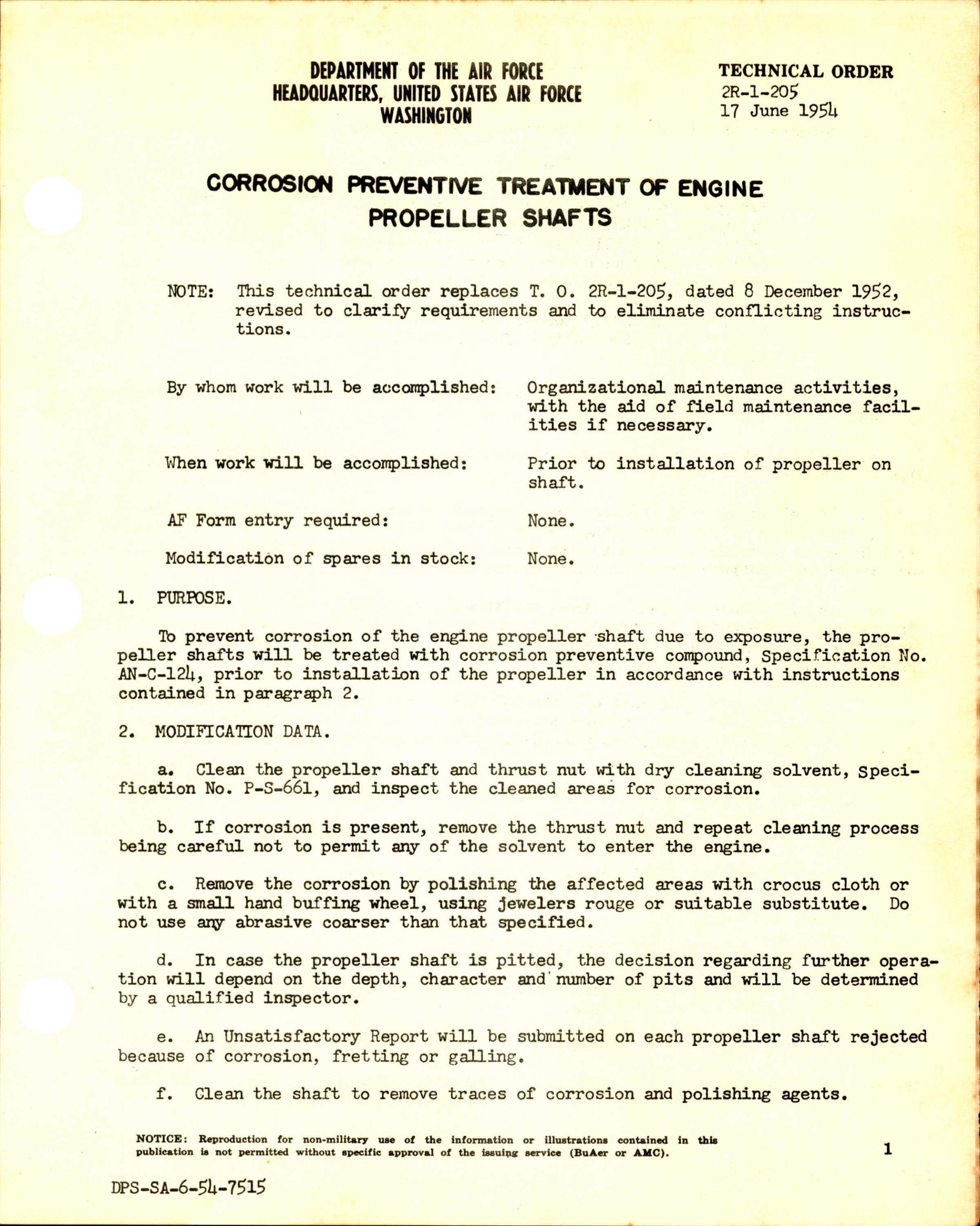 Sample page 1 from AirCorps Library document: Corrosion Preventative Treatment of Engine Propeller Shafts